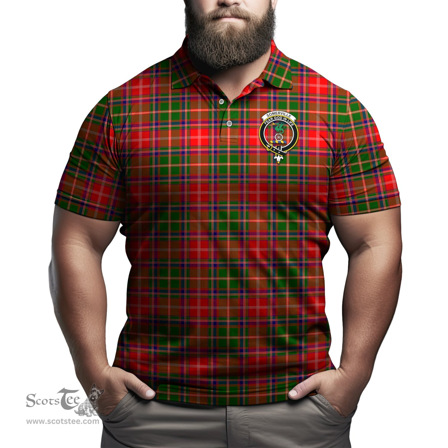 Scottish Somerville Modern Tartan Mens Polo Shirt with Family Crest Scottish Polo Shirt Scottish Plaid Tartan Plaid - ScotsTee - scotstee.com