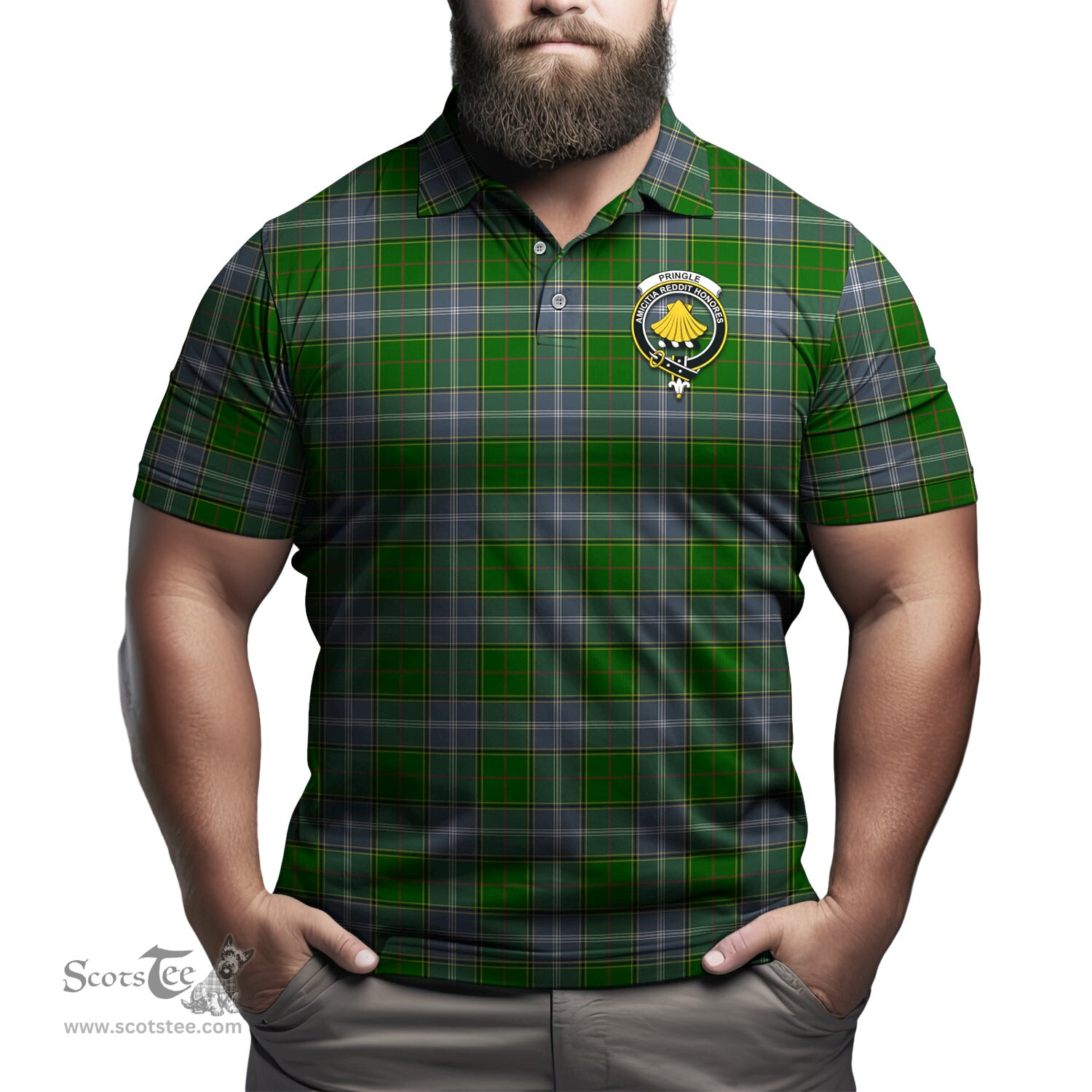 Scottish Pringle Tartan Mens Polo Shirt with Family Crest Scottish Polo Shirt Scottish Plaid Tartan Plaid - ScotsTee - scotstee.com