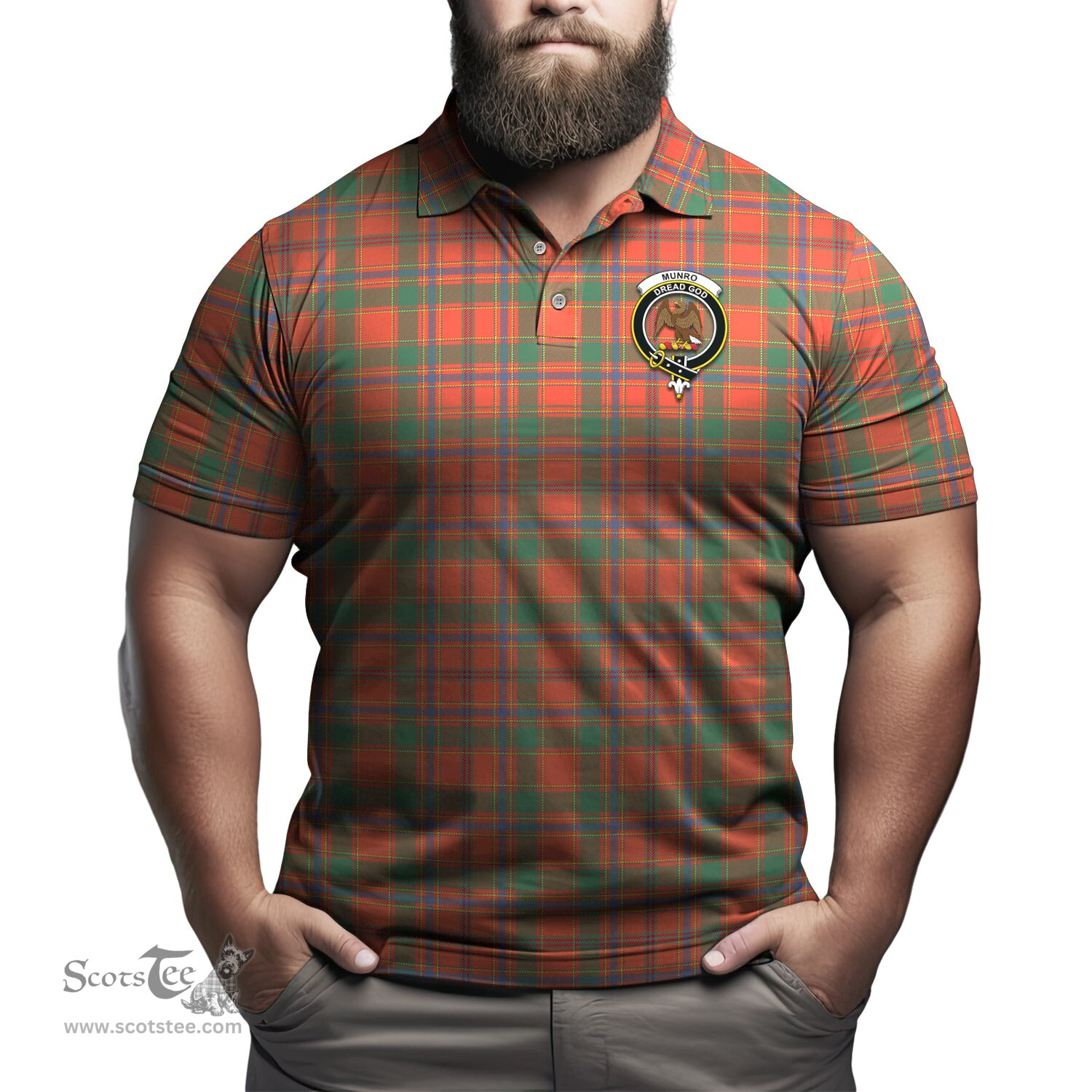 Scottish Munro Ancient Tartan Mens Polo Shirt with Family Crest Scottish Polo Shirt Scottish Plaid Tartan Plaid - ScotsTee - scotstee.com