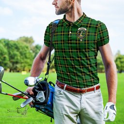 Scottish Wallace Hunting Green Tartan Mens Polo Shirt with Family Crest Scottish Polo Shirt Scottish Plaid Tartan Plaid - ScotsTee - scotstee.com