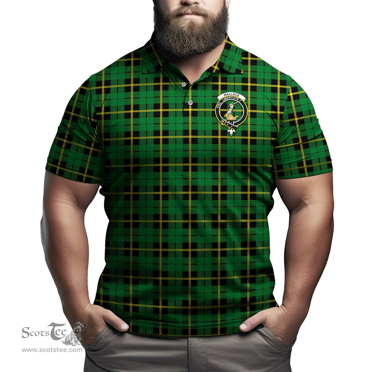 Scottish Wallace Hunting Green Tartan Mens Polo Shirt with Family Crest Scottish Polo Shirt Scottish Plaid Tartan Plaid - ScotsTee - scotstee.com