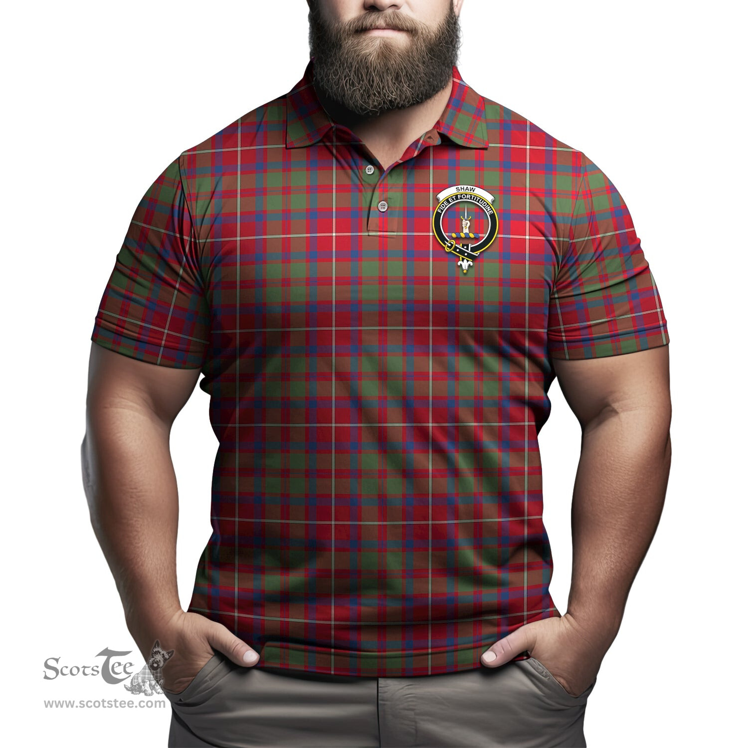 Scottish Shaw Red Modern Tartan Mens Polo Shirt with Family Crest Scottish Polo Shirt Scottish Plaid Tartan Plaid - ScotsTee - scotstee.com