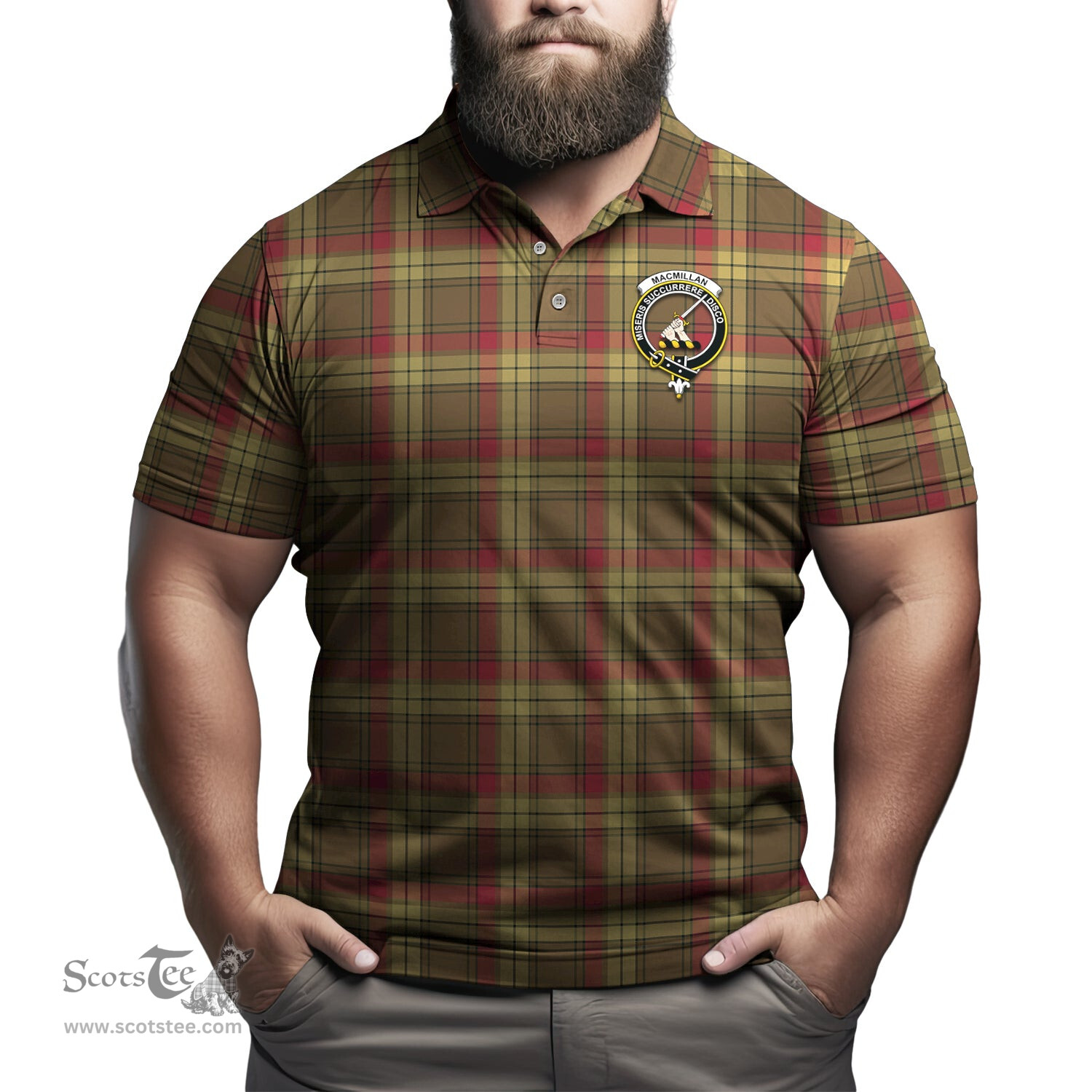 Scottish MacMillan Old Weathered Tartan Mens Polo Shirt with Family Crest Scottish Polo Shirt Scottish Plaid Tartan Plaid - ScotsTee - scotstee.com