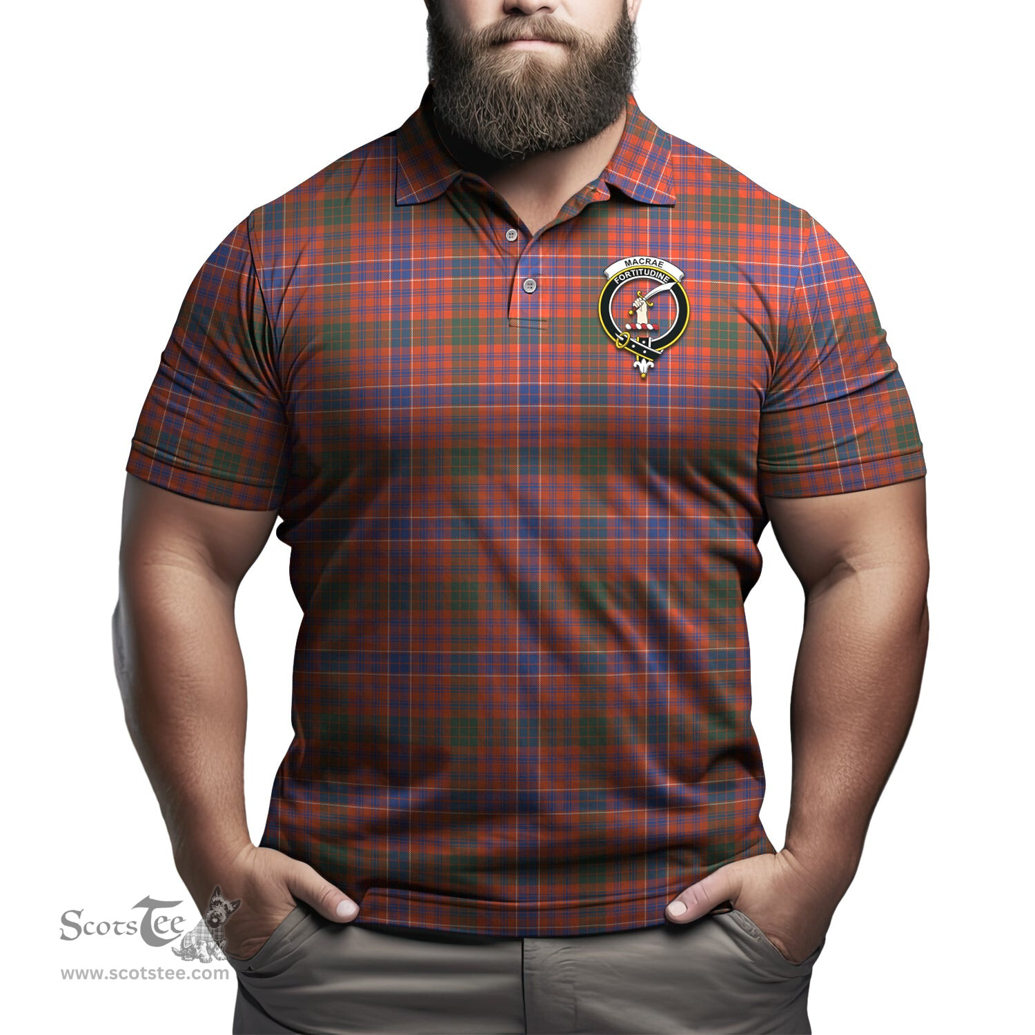 Scottish MacRae Ancient Tartan Mens Polo Shirt with Family Crest Scottish Polo Shirt Scottish Plaid Tartan Plaid - ScotsTee - scotstee.com
