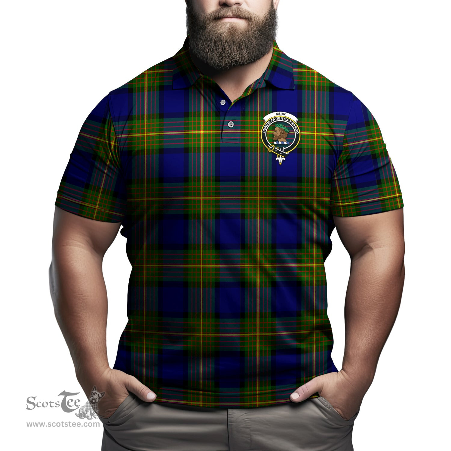 Scottish Muir Tartan Mens Polo Shirt with Family Crest Scottish Polo Shirt Scottish Plaid Tartan Plaid - ScotsTee - scotstee.com