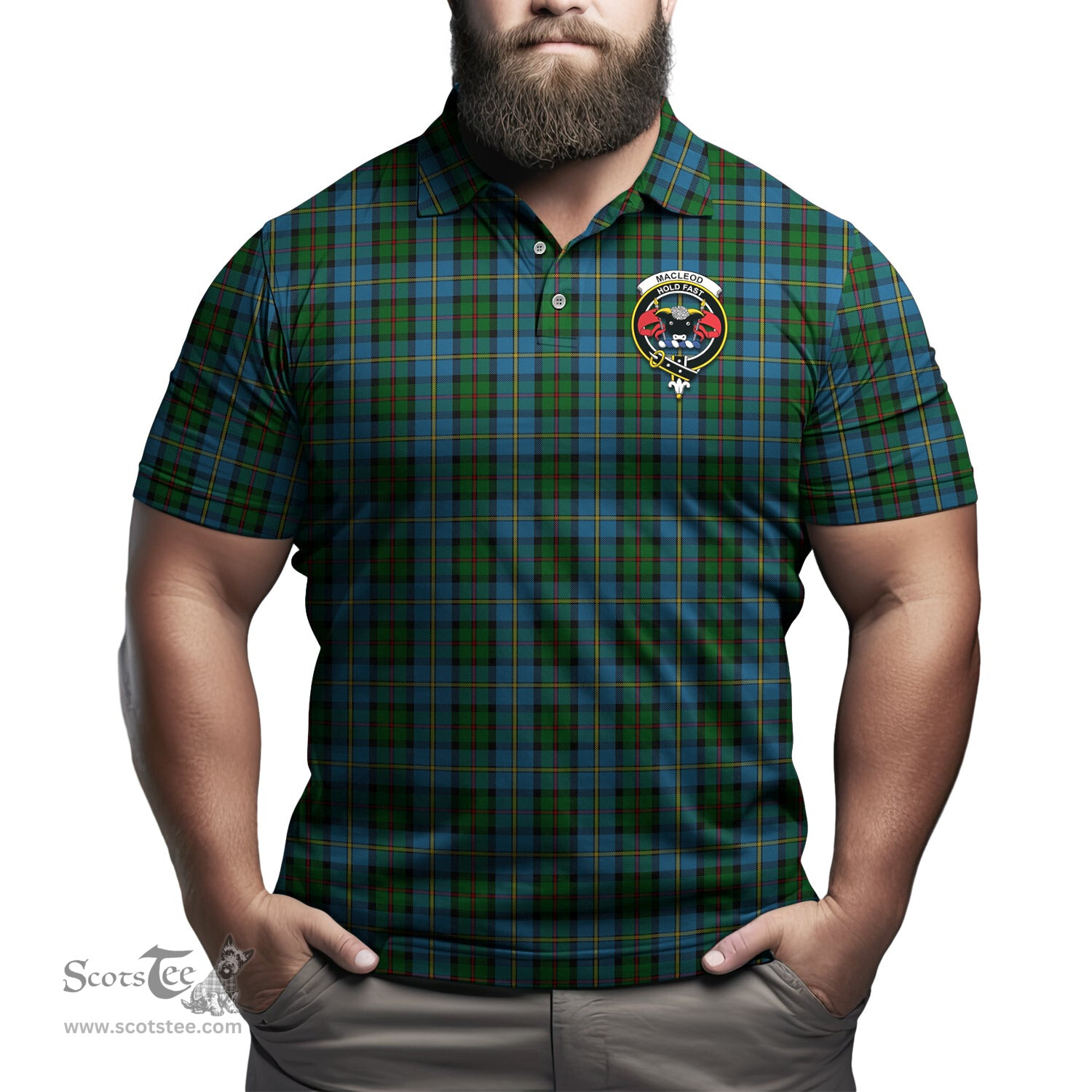 Scottish MacLeod Green Tartan Mens Polo Shirt with Family Crest Scottish Polo Shirt Scottish Plaid Tartan Plaid - ScotsTee - scotstee.com