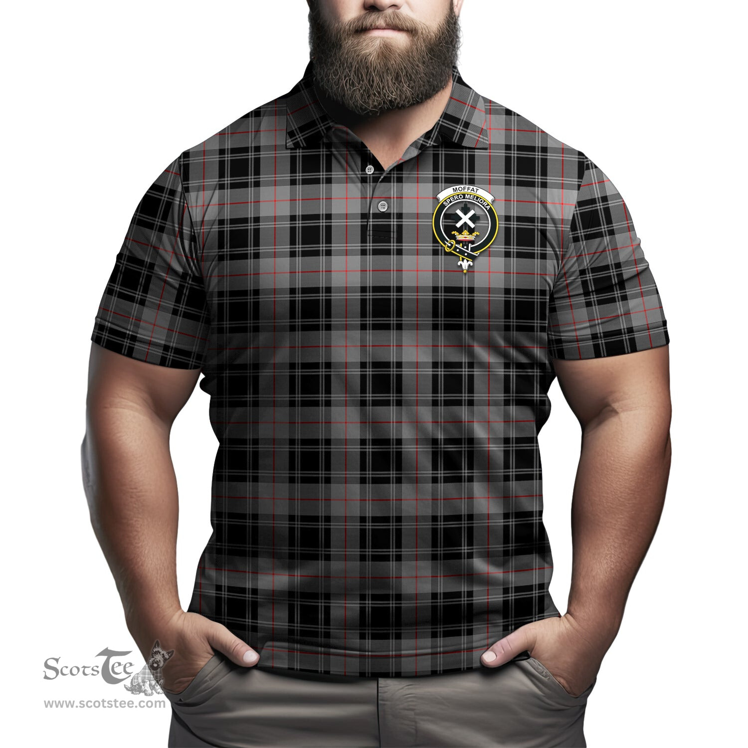 Scottish Moffat Modern Tartan Mens Polo Shirt with Family Crest Scottish Polo Shirt Scottish Plaid Tartan Plaid - ScotsTee - scotstee.com