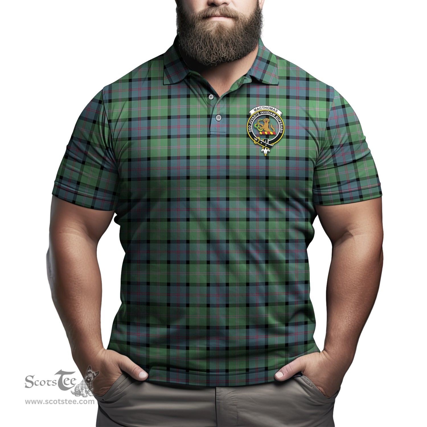 Scottish MacThomas Ancient Tartan Mens Polo Shirt with Family Crest Scottish Polo Shirt Scottish Plaid Tartan Plaid - ScotsTee - scotstee.com