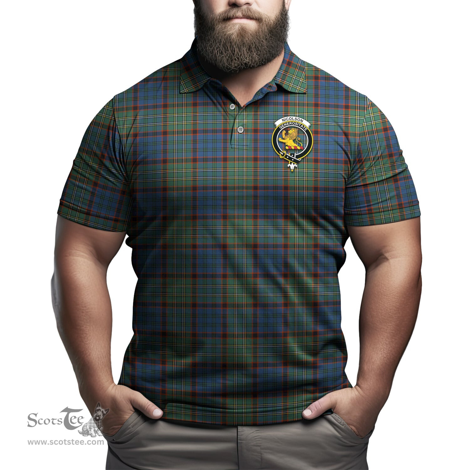 Scottish Nicolson Hunting Ancient Tartan Mens Polo Shirt with Family Crest Scottish Polo Shirt Scottish Plaid Tartan Plaid - ScotsTee - scotstee.com