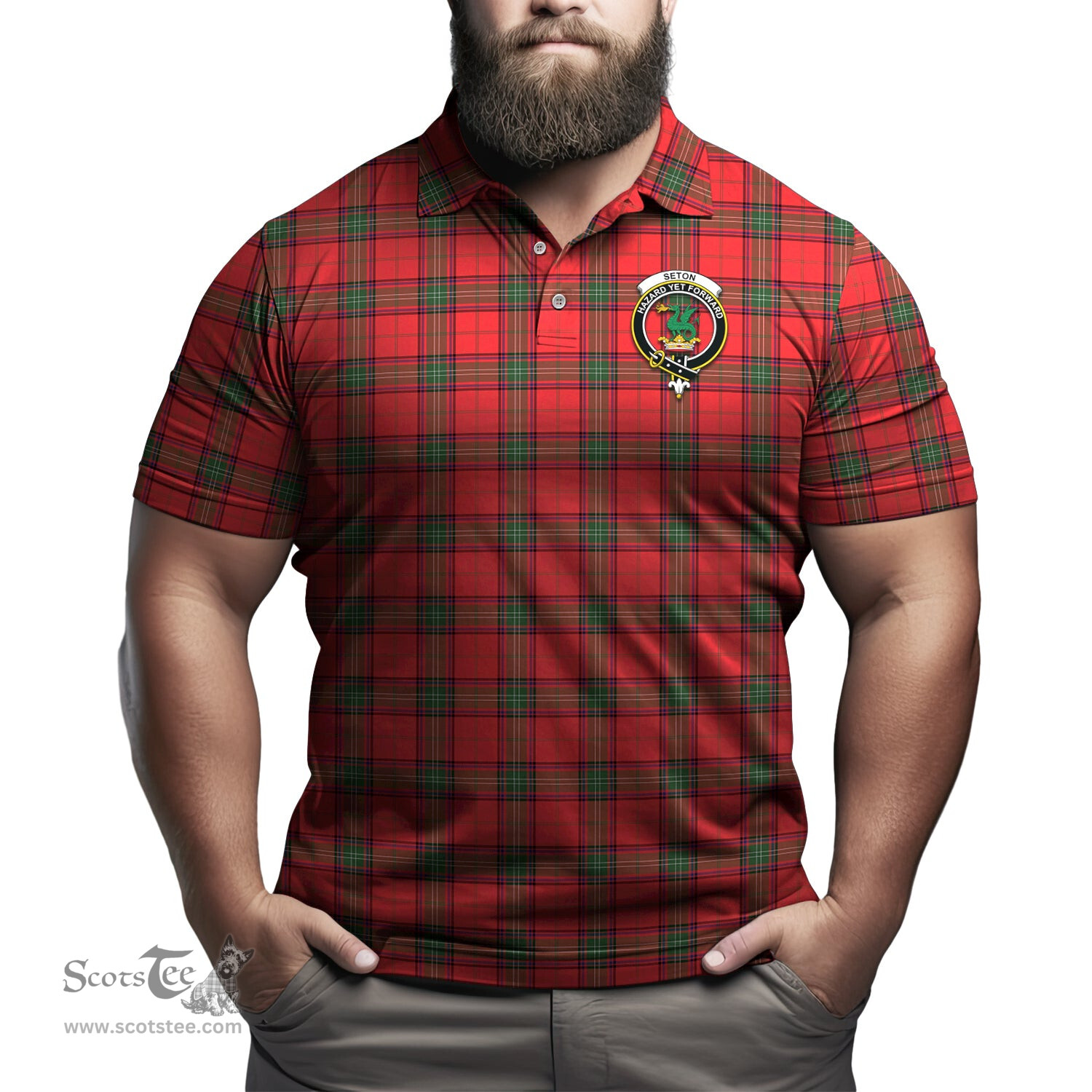 Scottish Seton Modern Tartan Mens Polo Shirt with Family Crest Scottish Polo Shirt Scottish Plaid Tartan Plaid - ScotsTee - scotstee.com