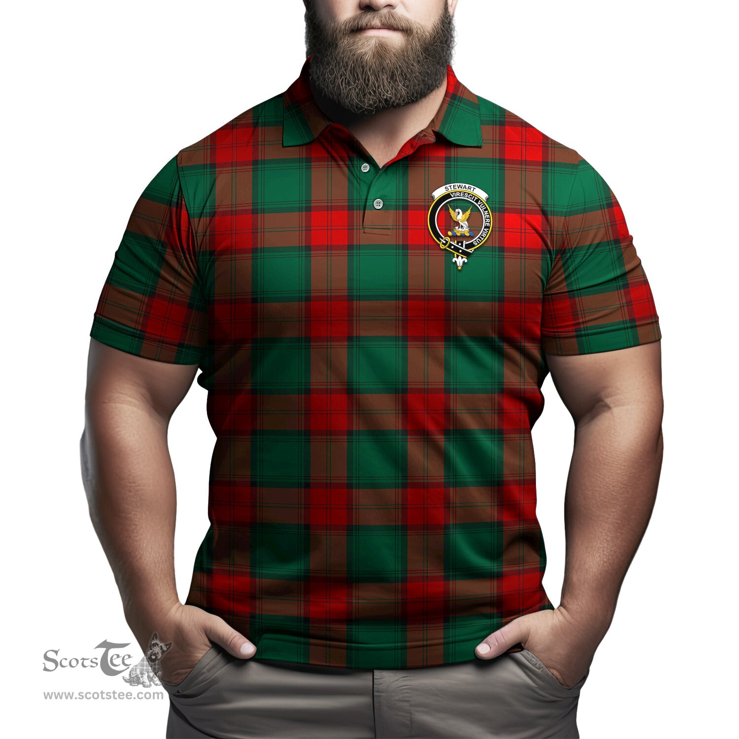 Scottish Stewart Atholl Modern Tartan Mens Polo Shirt with Family Crest Scottish Polo Shirt Scottish Plaid Tartan Plaid - ScotsTee - scotstee.com