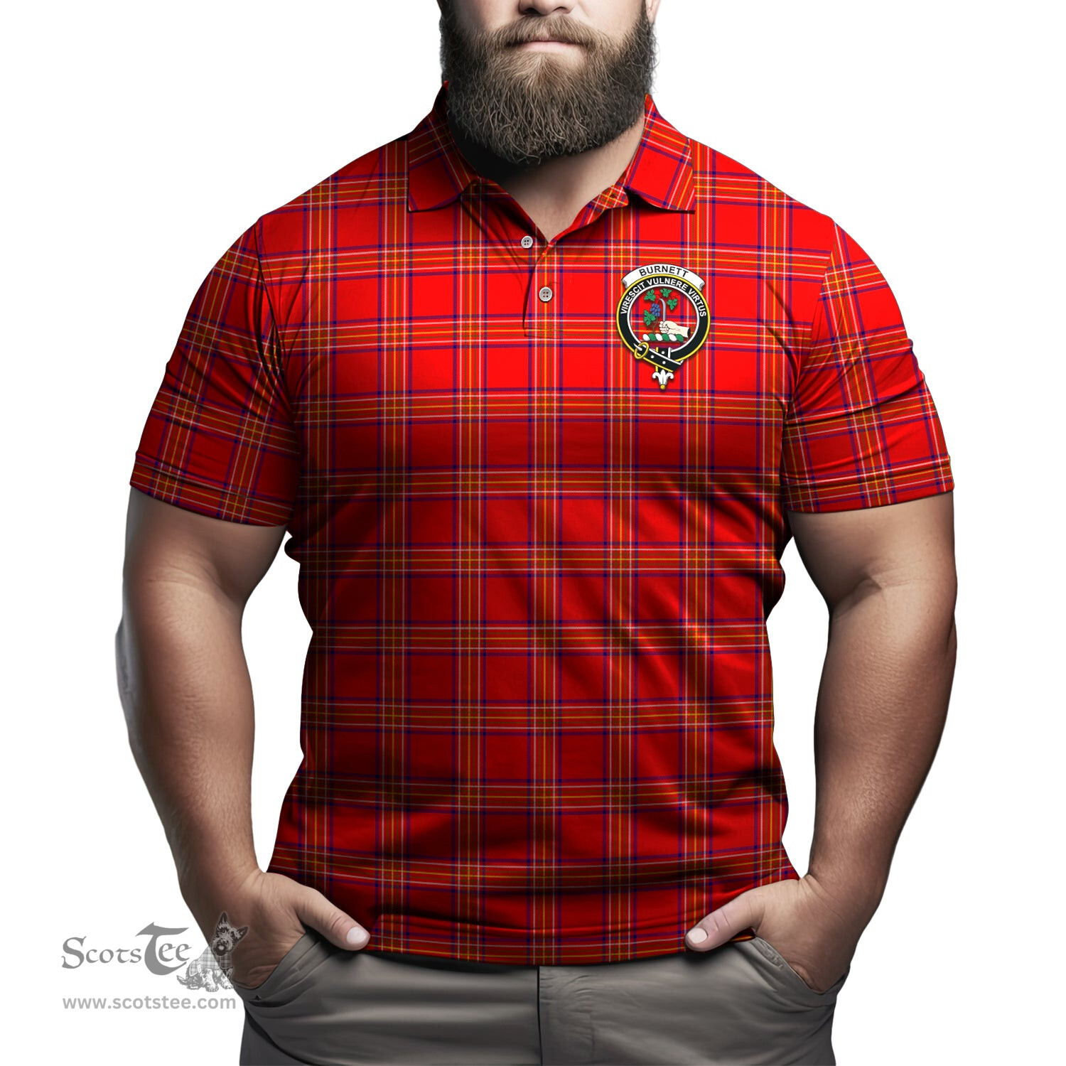 Scottish Burnett Modern Tartan Mens Polo Shirt with Family Crest Scottish Polo Shirt Scottish Plaid Tartan Plaid - ScotsTee - scotstee.com