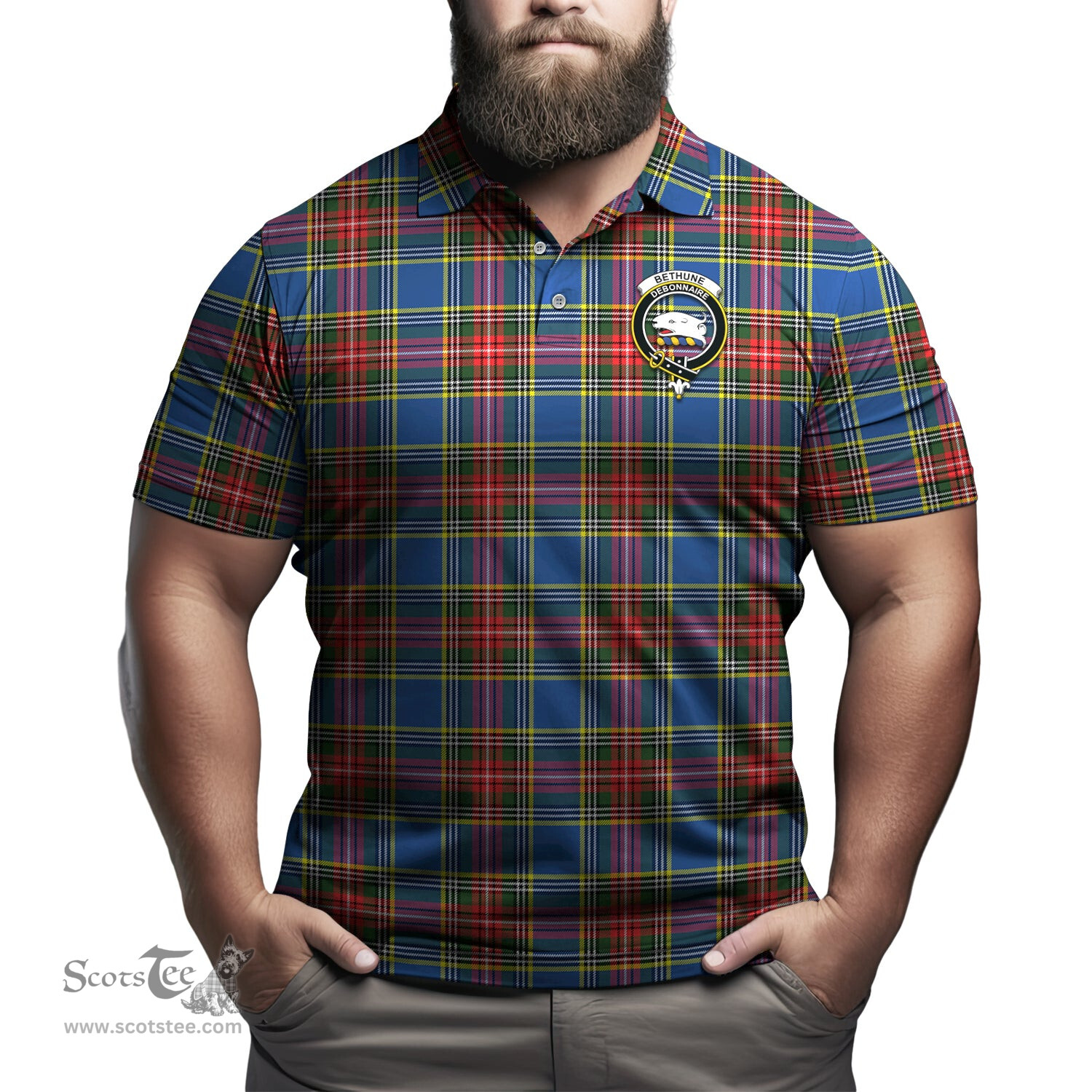 Scottish Bethune Tartan Mens Polo Shirt with Family Crest Scottish Polo Shirt Scottish Plaid Tartan Plaid - ScotsTee - scotstee.com