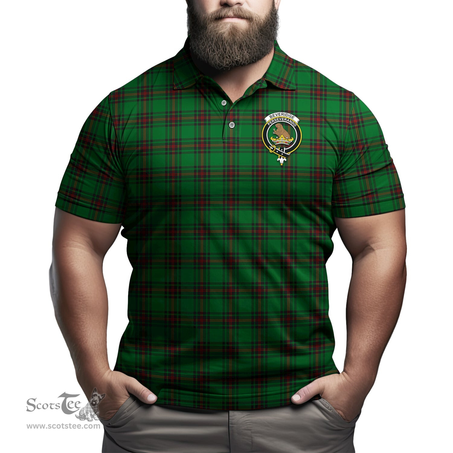 Scottish Beveridge Tartan Mens Polo Shirt with Family Crest Scottish Polo Shirt Scottish Plaid Tartan Plaid - ScotsTee - scotstee.com