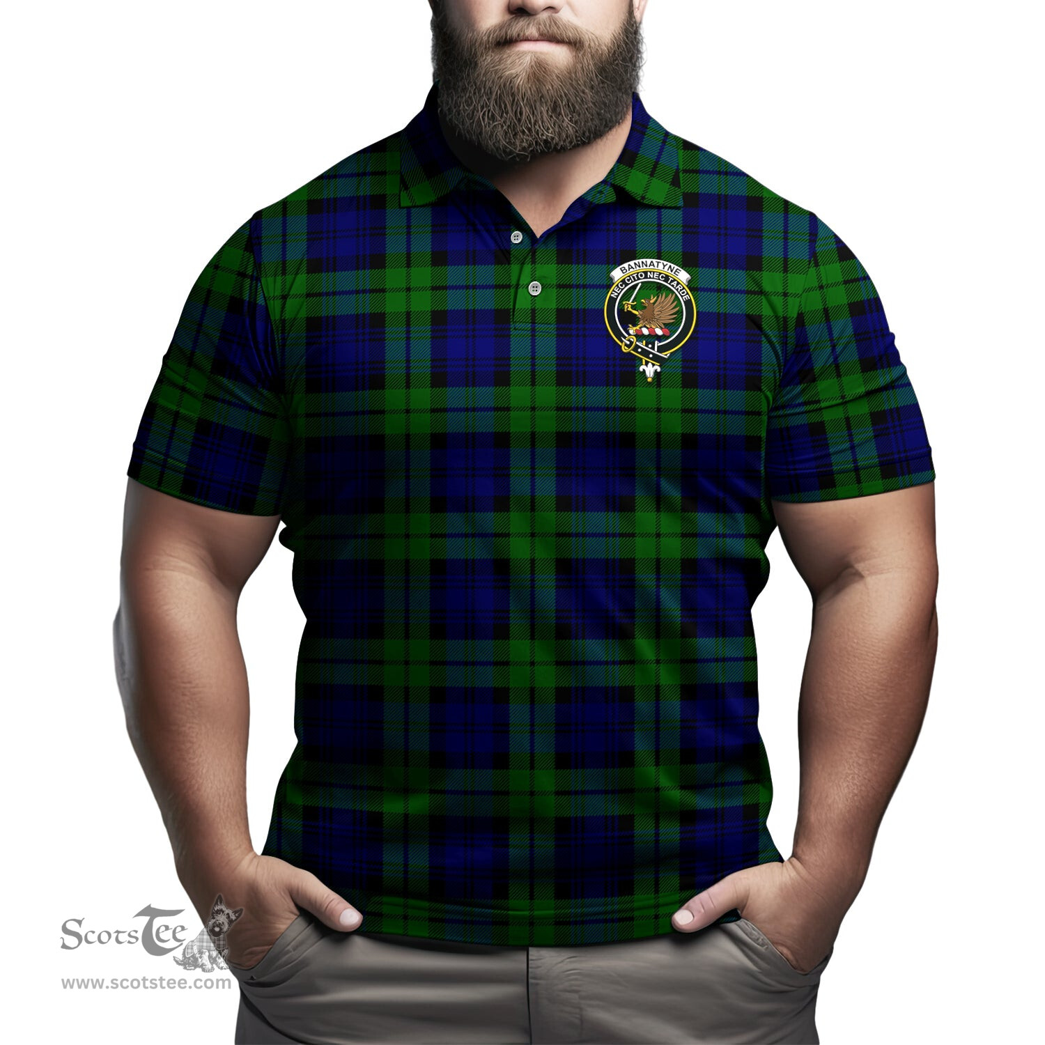 Scottish Bannatyne Tartan Mens Polo Shirt with Family Crest Scottish Polo Shirt Scottish Plaid Tartan Plaid - ScotsTee - scotstee.com
