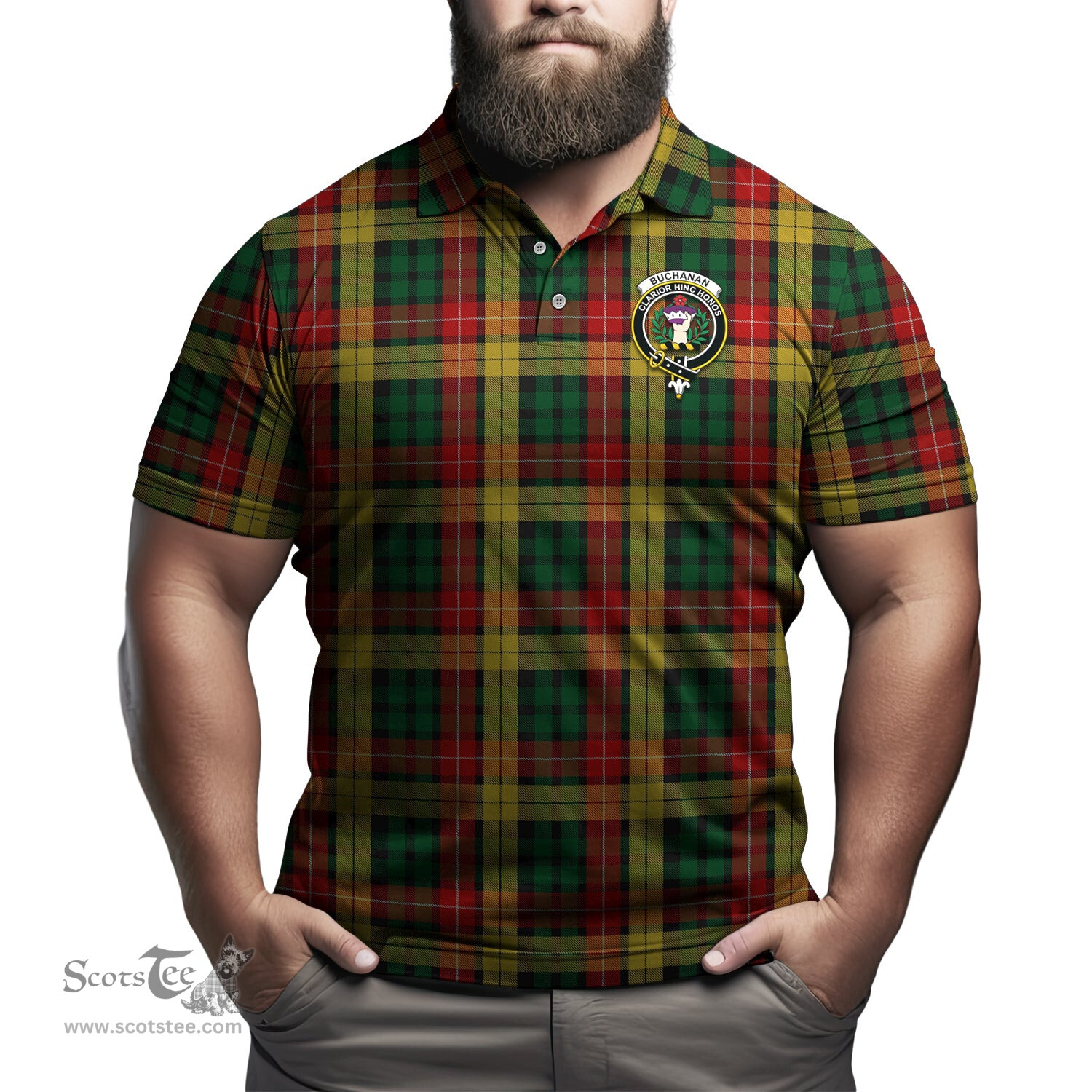 Scottish Buchanan Tartan Mens Polo Shirt with Family Crest Scottish Polo Shirt Scottish Plaid Tartan Plaid - ScotsTee - scotstee.com