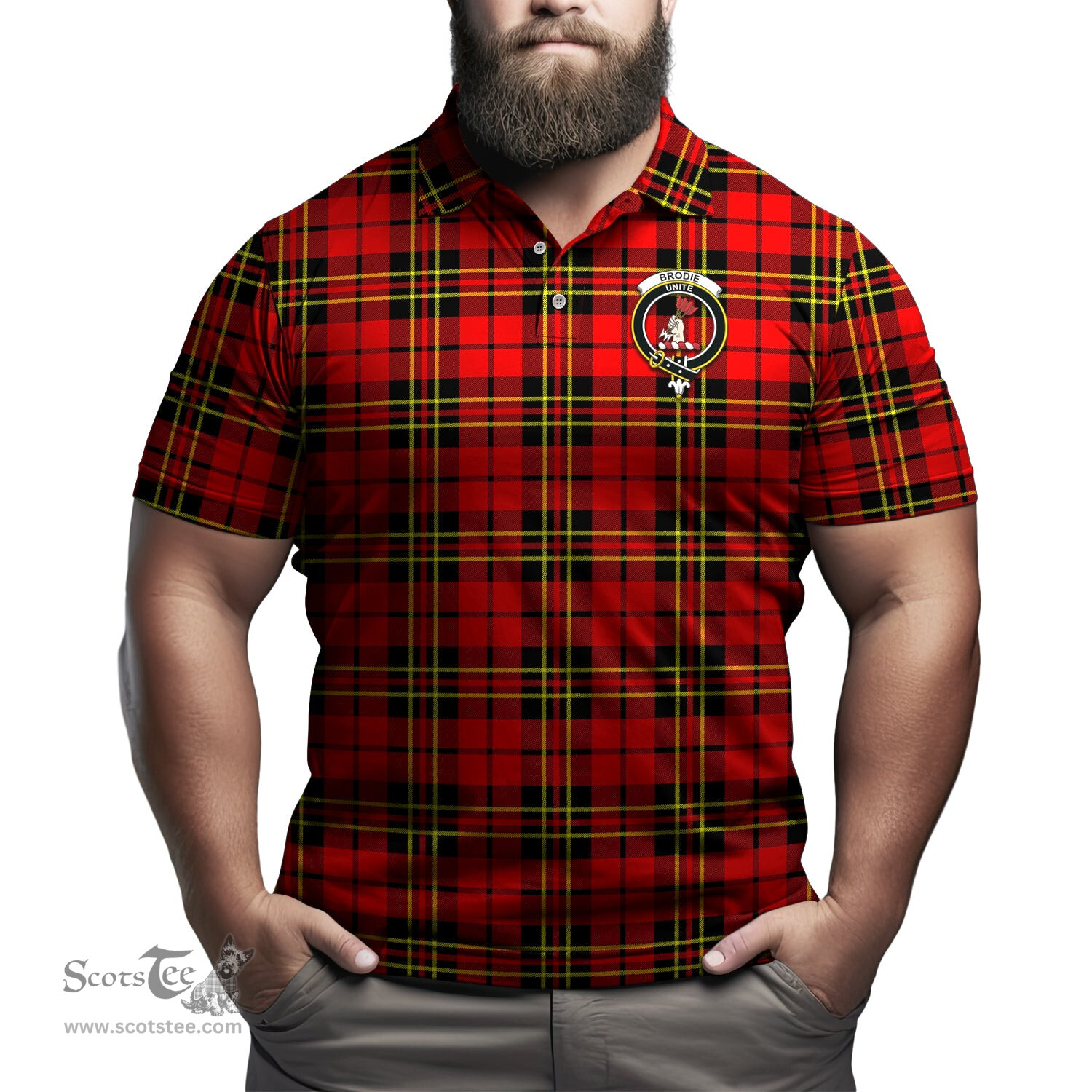 Scottish Brodie Modern Tartan Mens Polo Shirt with Family Crest Scottish Polo Shirt Scottish Plaid Tartan Plaid - ScotsTee - scotstee.com