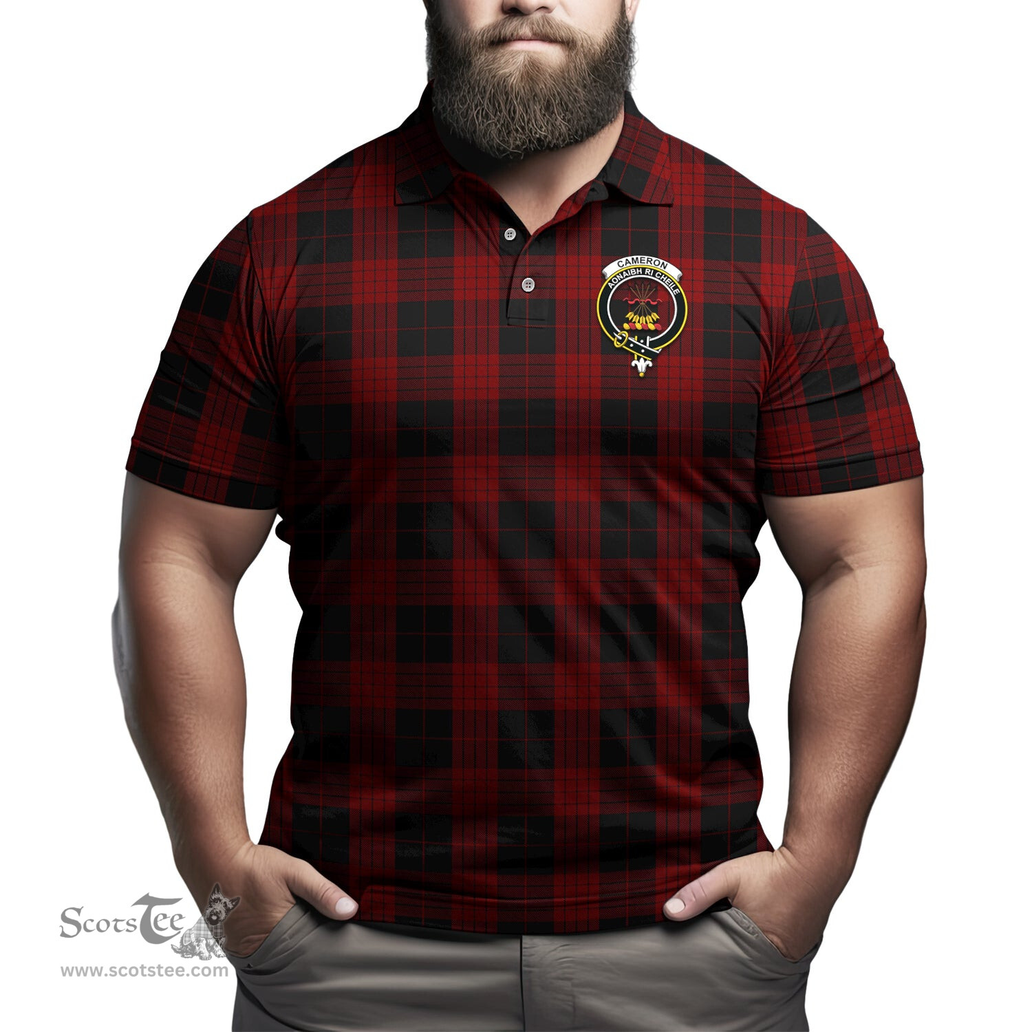 Scottish Cameron Black and Red Tartan Mens Polo Shirt with Family Crest Scottish Polo Shirt Scottish Plaid Tartan Plaid - ScotsTee - scotstee.com