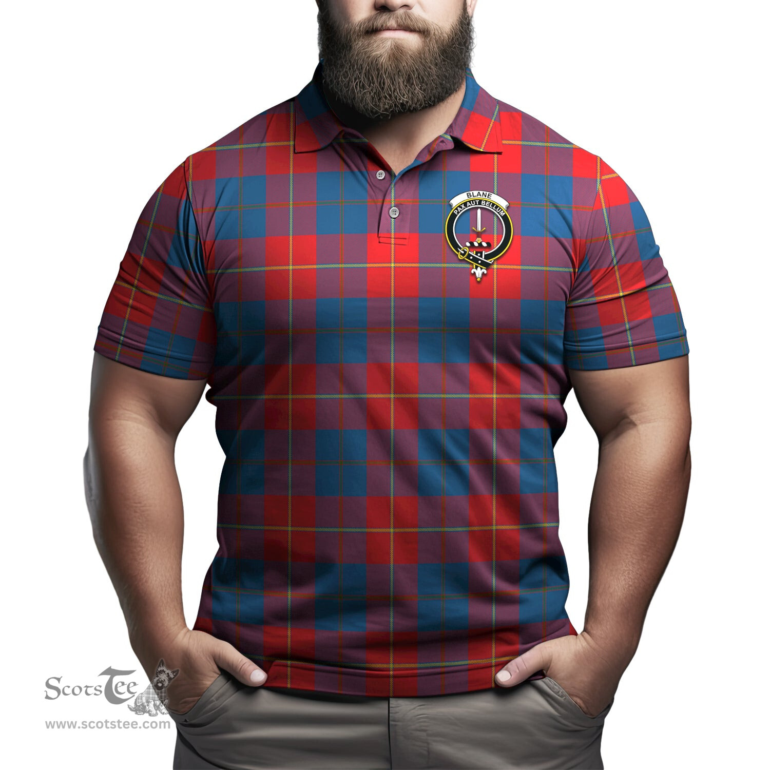 Scottish Blane Tartan Mens Polo Shirt with Family Crest Scottish Polo Shirt Scottish Plaid Tartan Plaid - ScotsTee - scotstee.com