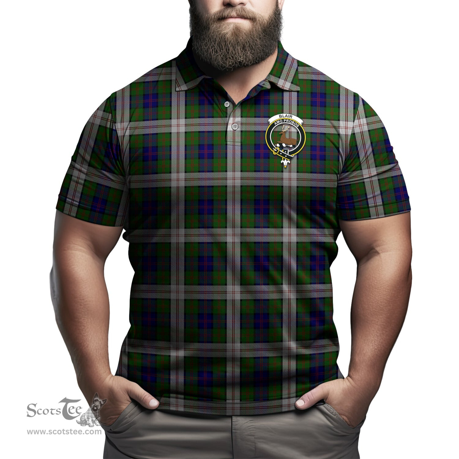 Scottish Blair Dress Tartan Mens Polo Shirt with Family Crest Scottish Polo Shirt Scottish Plaid Tartan Plaid - ScotsTee - scotstee.com