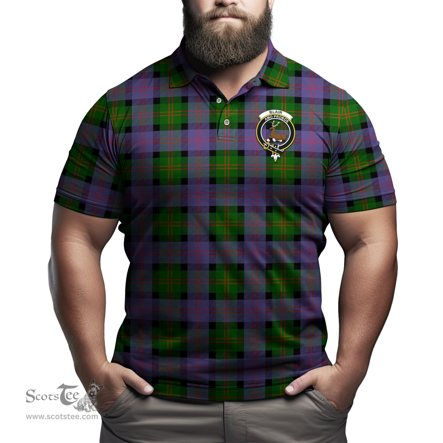 Scottish Blair Modern Tartan Mens Polo Shirt with Family Crest Scottish Polo Shirt Scottish Plaid Tartan Plaid - ScotsTee - scotstee.com