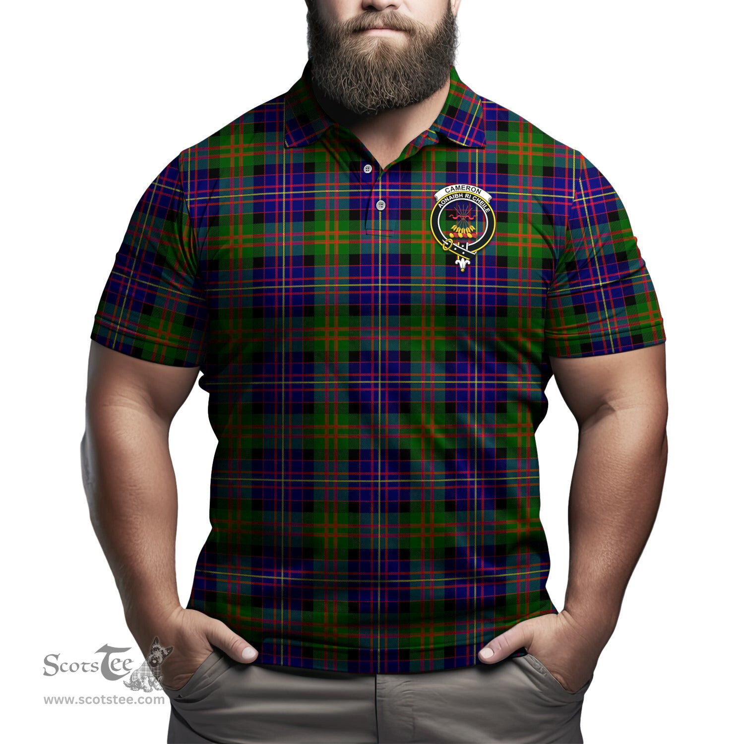 Scottish Cameron of Erracht Modern Tartan Mens Polo Shirt with Family Crest Scottish Polo Shirt Scottish Plaid Tartan Plaid - ScotsTee - scotstee.com