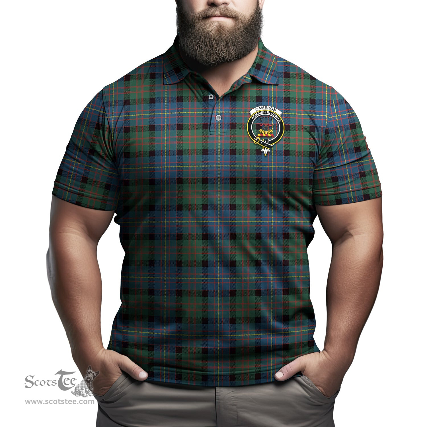Scottish Cameron of Erracht Ancient Tartan Mens Polo Shirt with Family Crest Scottish Polo Shirt Scottish Plaid Tartan Plaid - ScotsTee - scotstee.com