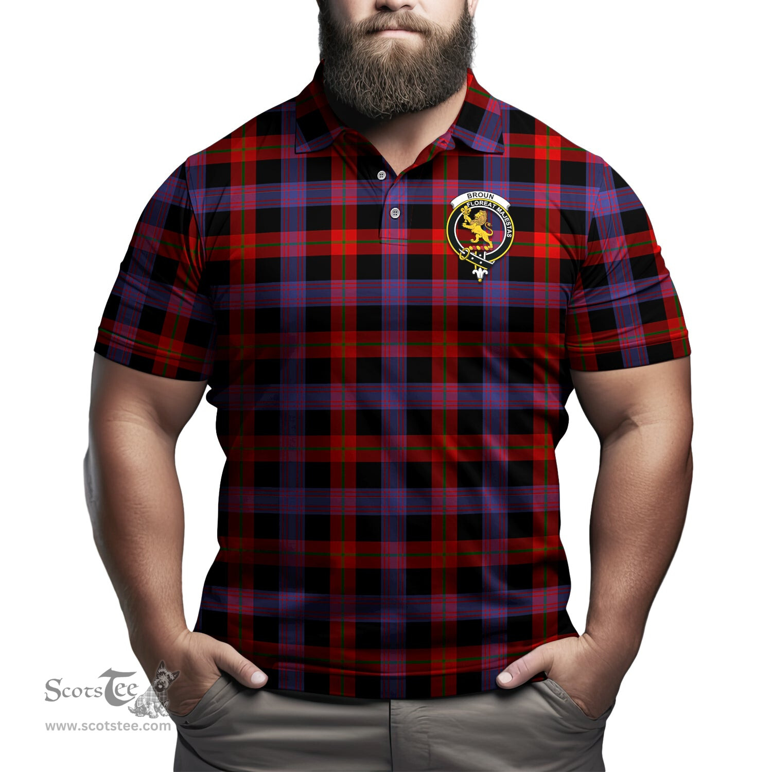 Scottish Broun Modern Tartan Mens Polo Shirt with Family Crest Scottish Polo Shirt Scottish Plaid Tartan Plaid - ScotsTee - scotstee.com