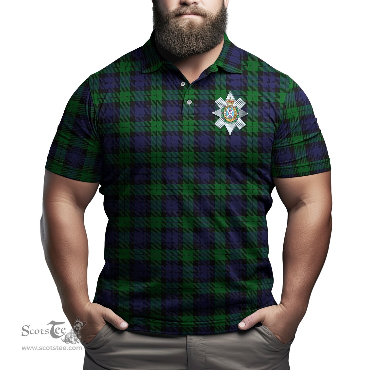 Scottish Black Watch Tartan Mens Polo Shirt with Family Crest Scottish Polo Shirt Scottish Plaid Tartan Plaid - ScotsTee - scotstee.com