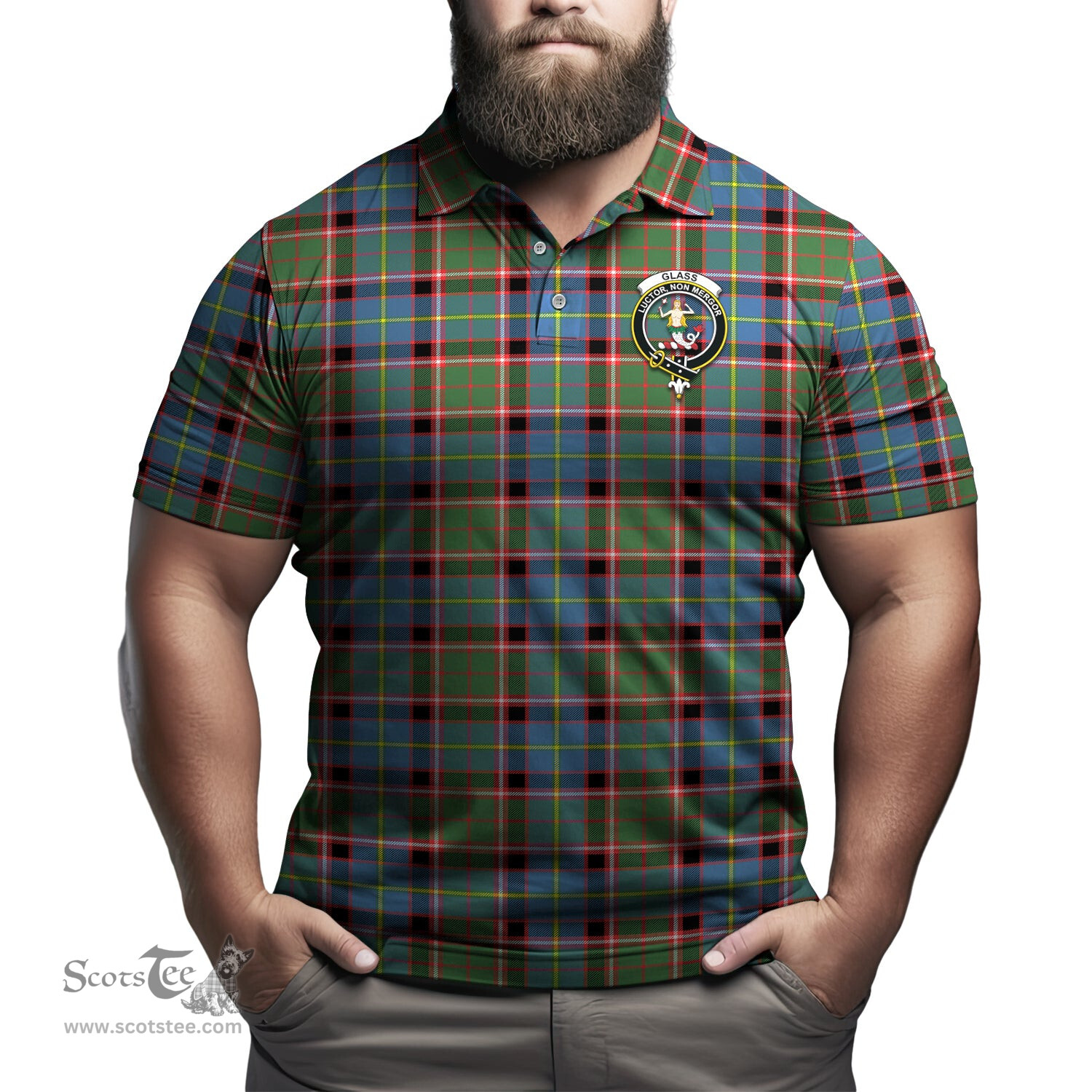 Scottish Glass Tartan Mens Polo Shirt with Family Crest Scottish Polo Shirt Scottish Plaid Tartan Plaid - ScotsTee - scotstee.com