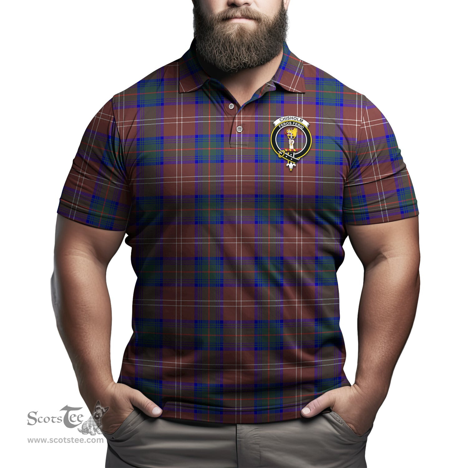 Scottish Chisholm Hunting Modern Tartan Mens Polo Shirt with Family Crest Scottish Polo Shirt Scottish Plaid Tartan Plaid - ScotsTee - scotstee.com