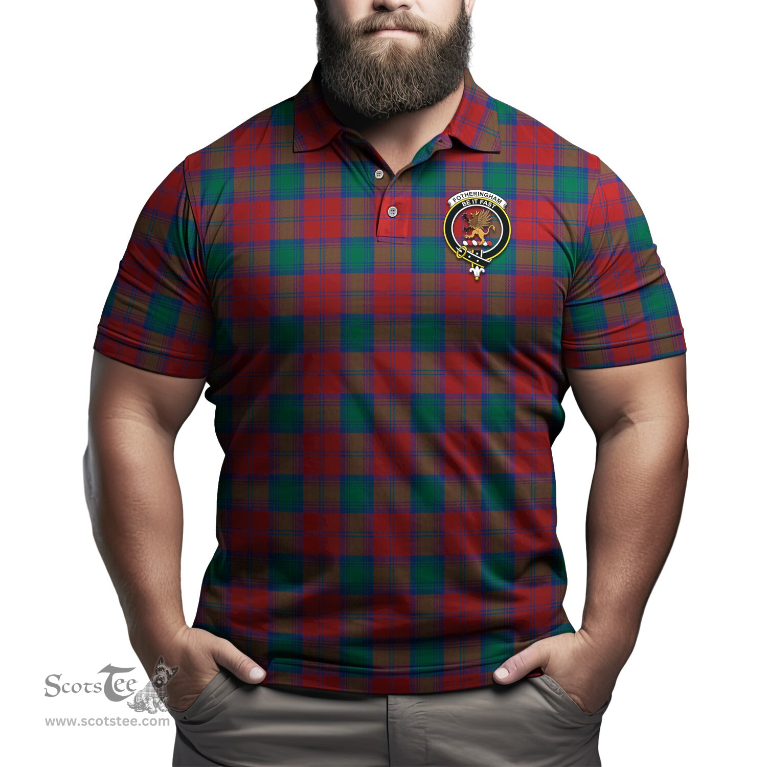 Scottish Fotheringham Modern Tartan Mens Polo Shirt with Family Crest Scottish Polo Shirt Scottish Plaid Tartan Plaid - ScotsTee - scotstee.com