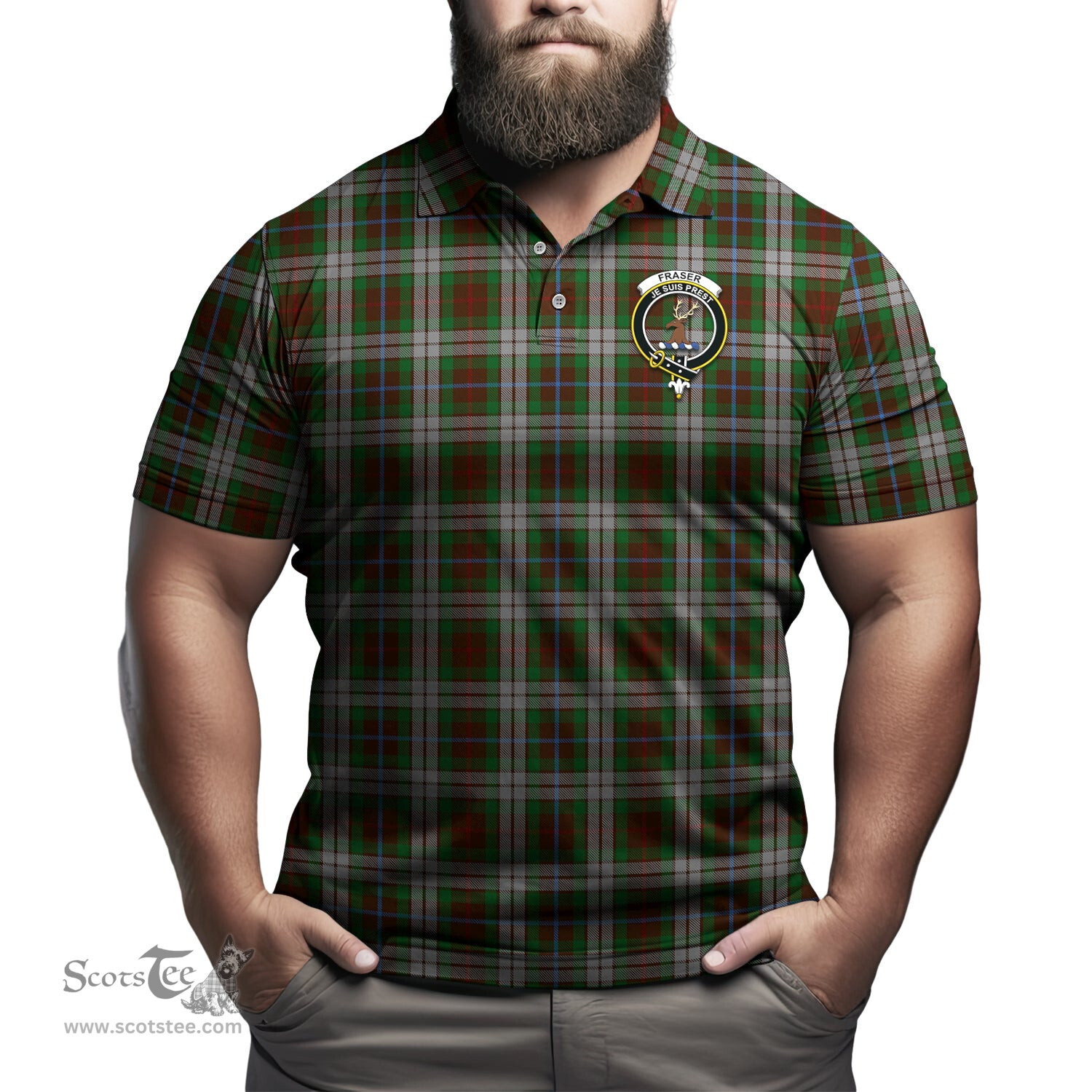 Scottish Fraser Hunting Dress Tartan Mens Polo Shirt with Family Crest Scottish Polo Shirt Scottish Plaid Tartan Plaid - ScotsTee - scotstee.com