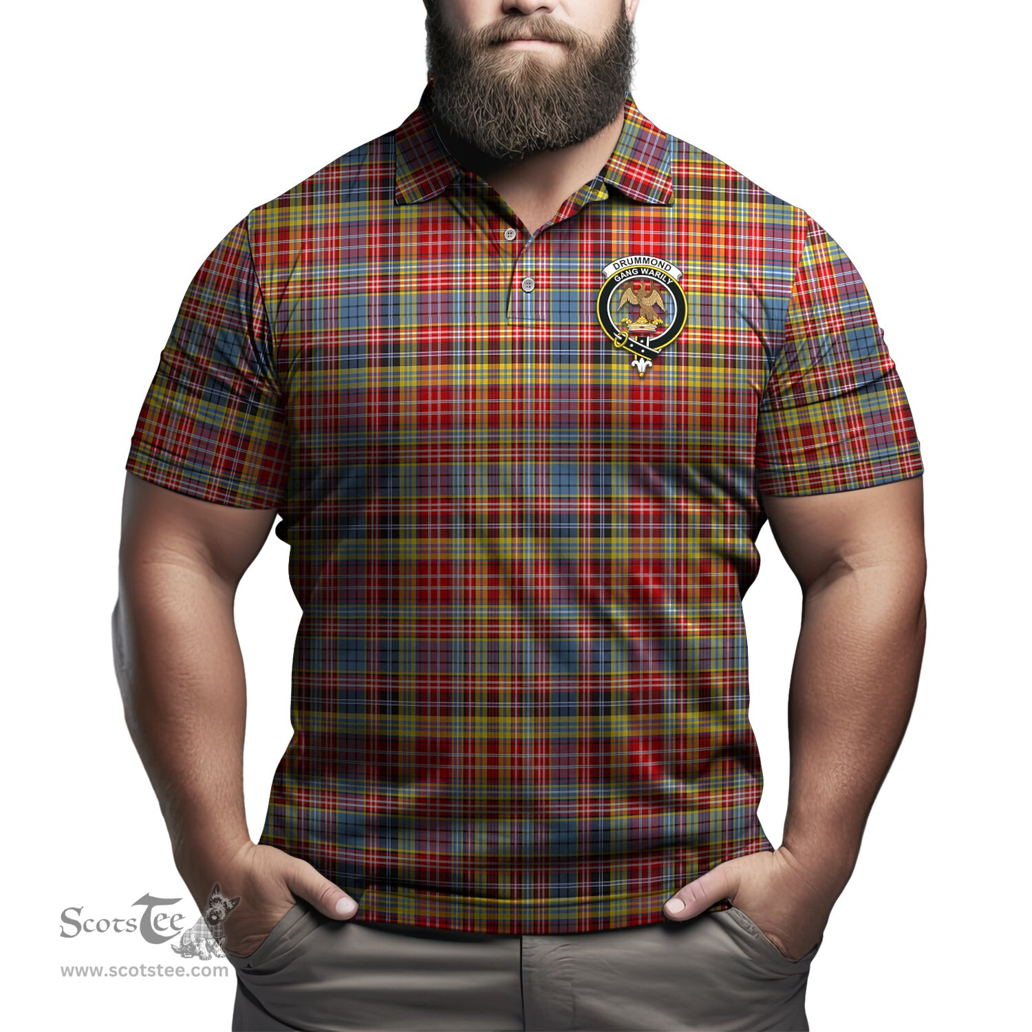 Scottish Drummond of Strathallan Modern Tartan Mens Polo Shirt with Family Crest Scottish Polo Shirt Scottish Plaid Tartan Plaid - ScotsTee - scotstee.com