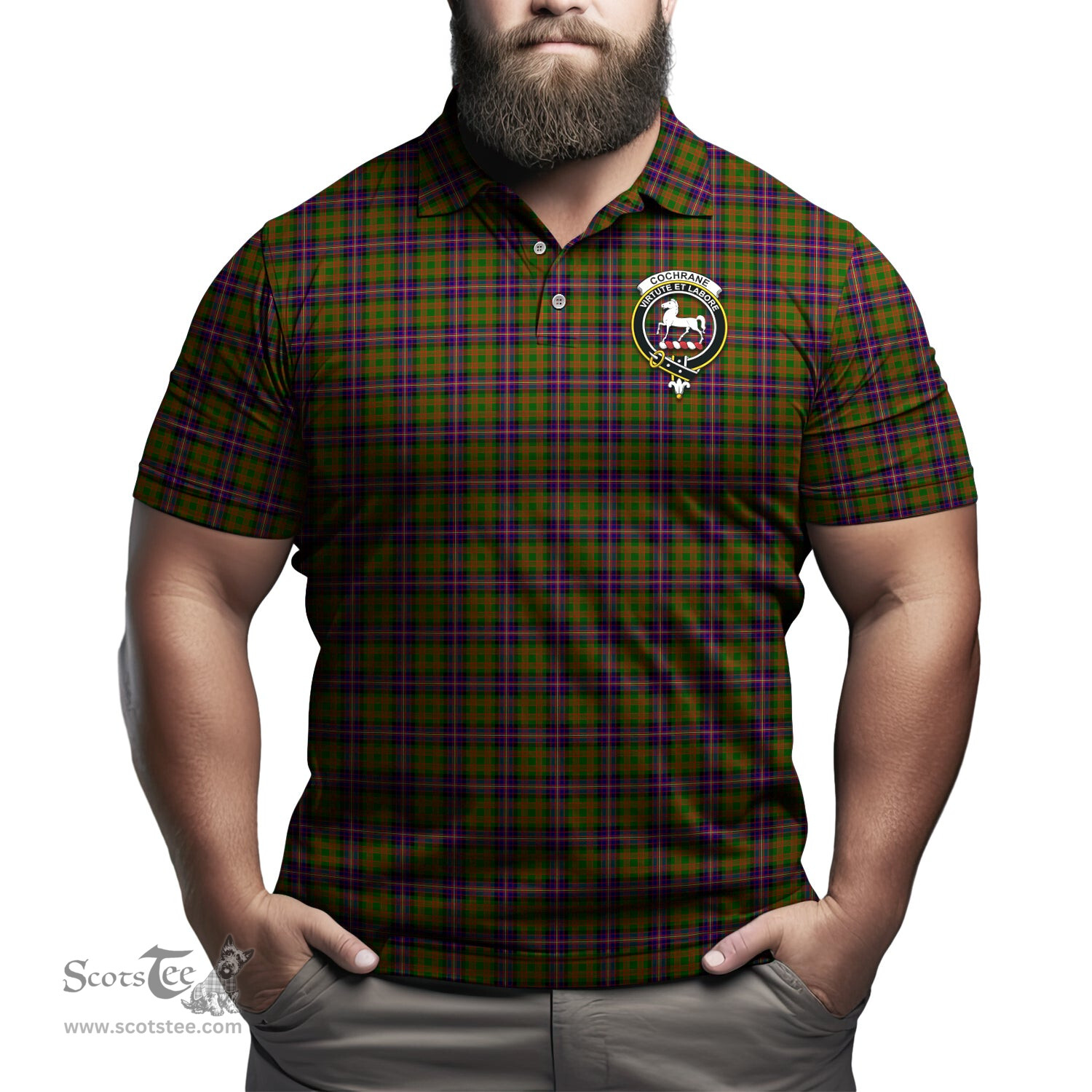 Scottish Cochrane Modern Tartan Mens Polo Shirt with Family Crest Scottish Polo Shirt Scottish Plaid Tartan Plaid - ScotsTee - scotstee.com