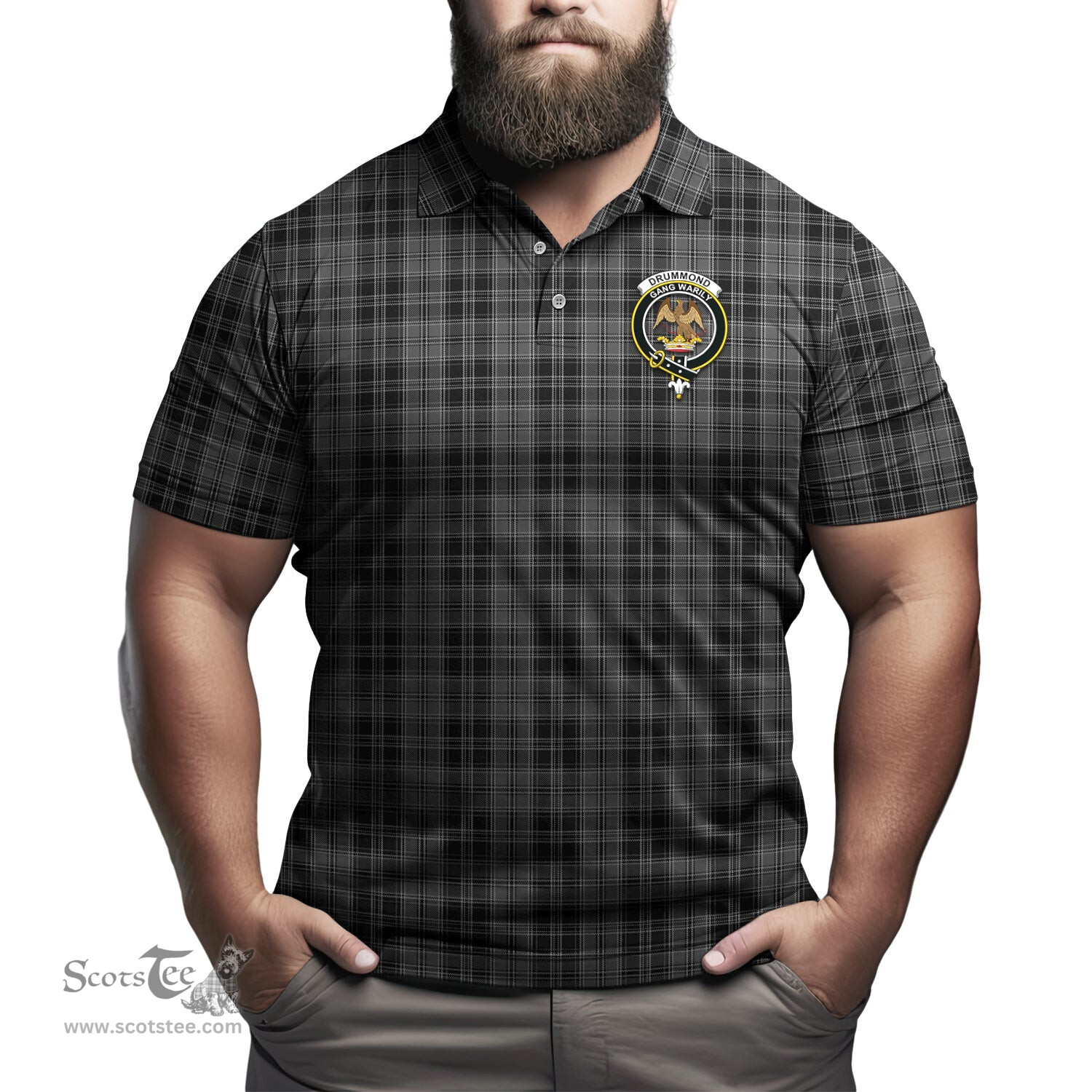 Scottish Drummond Grey Tartan Mens Polo Shirt with Family Crest Scottish Polo Shirt Scottish Plaid Tartan Plaid - ScotsTee - scotstee.com
