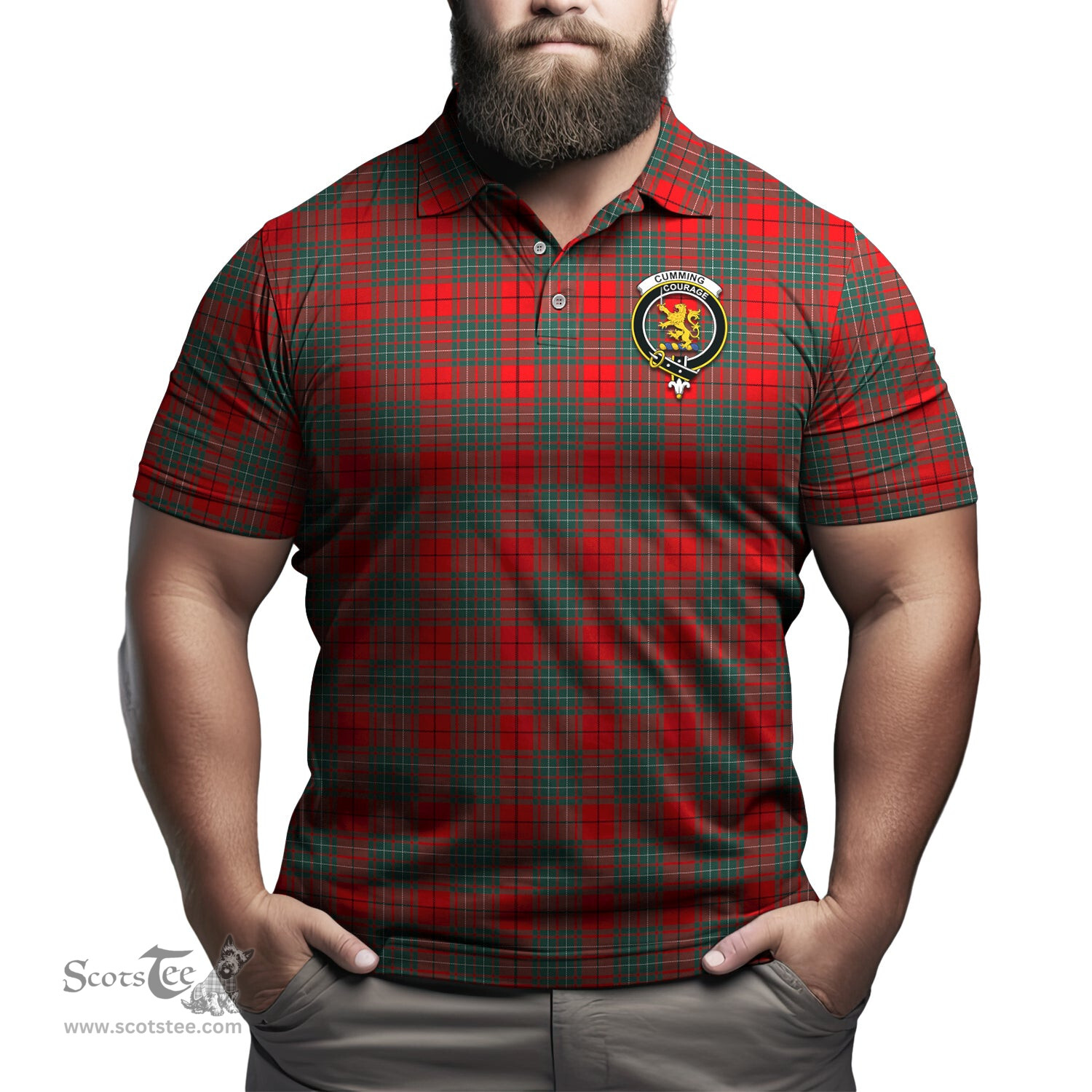Scottish Cumming Modern Tartan Mens Polo Shirt with Family Crest Scottish Polo Shirt Scottish Plaid Tartan Plaid - ScotsTee - scotstee.com