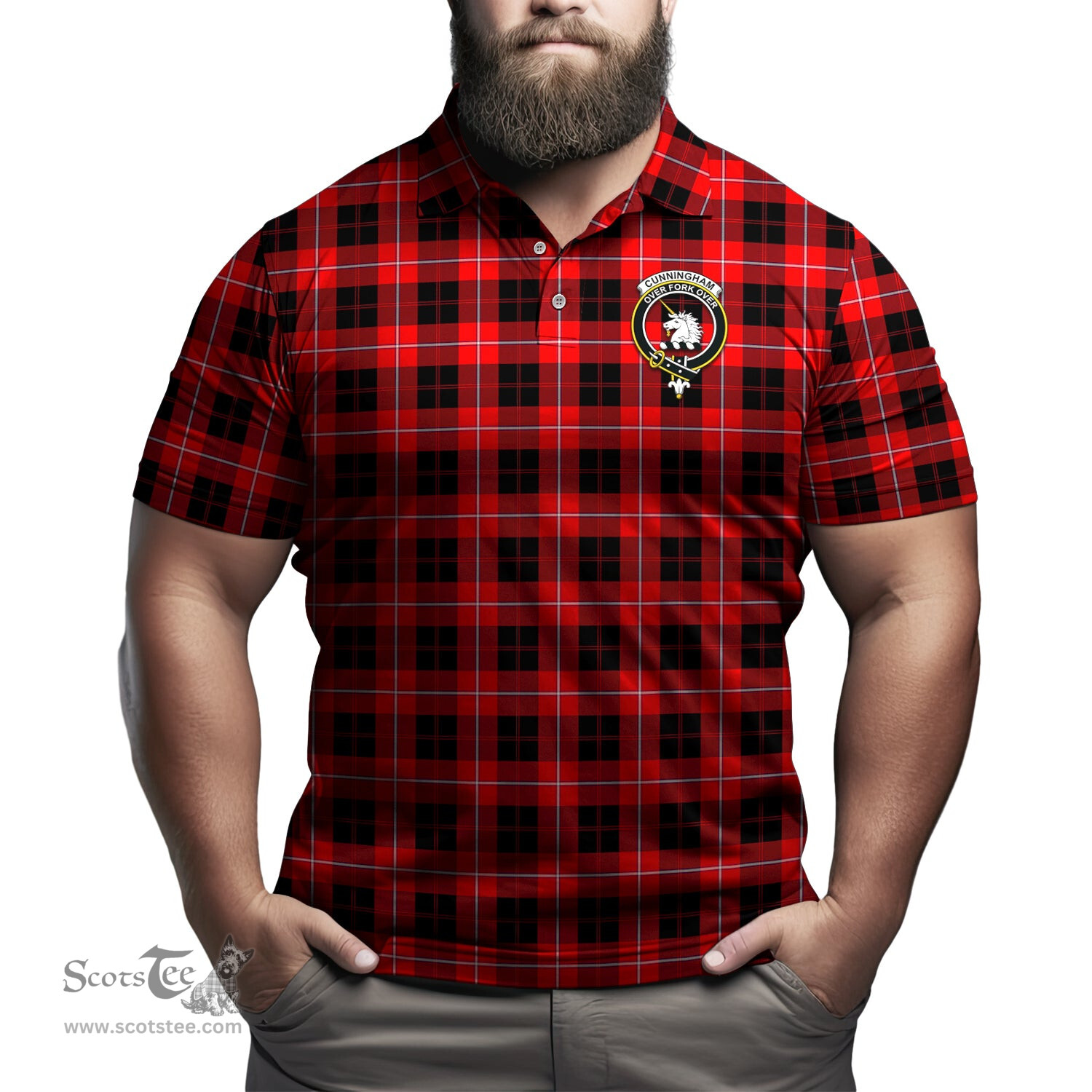 Scottish Cunningham Modern Tartan Mens Polo Shirt with Family Crest Scottish Polo Shirt Scottish Plaid Tartan Plaid - ScotsTee - scotstee.com