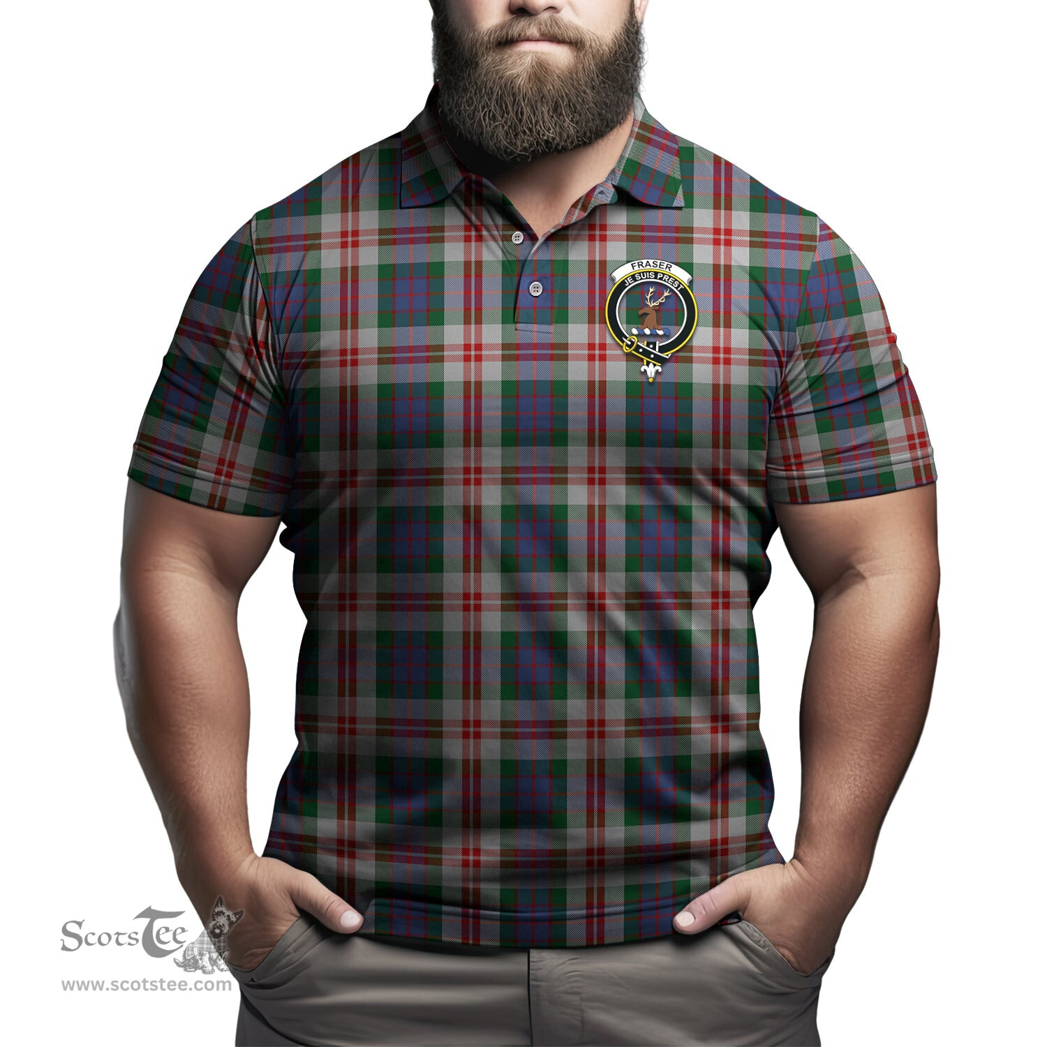 Scottish Fraser Red Dress Tartan Mens Polo Shirt with Family Crest Scottish Polo Shirt Scottish Plaid Tartan Plaid - ScotsTee - scotstee.com