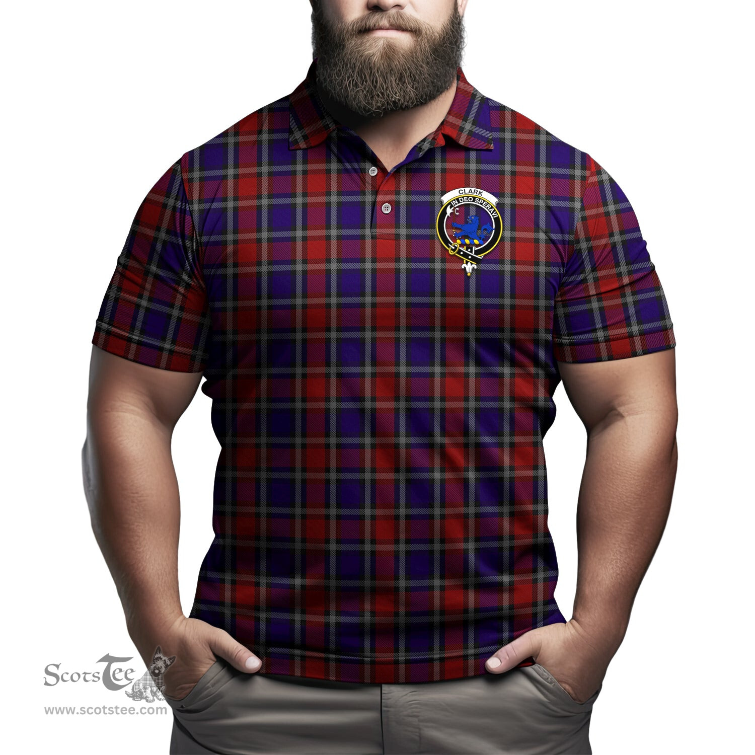 Scottish Clark (Lion) Red Tartan Mens Polo Shirt with Family Crest Scottish Polo Shirt Scottish Plaid Tartan Plaid - ScotsTee - scotstee.com