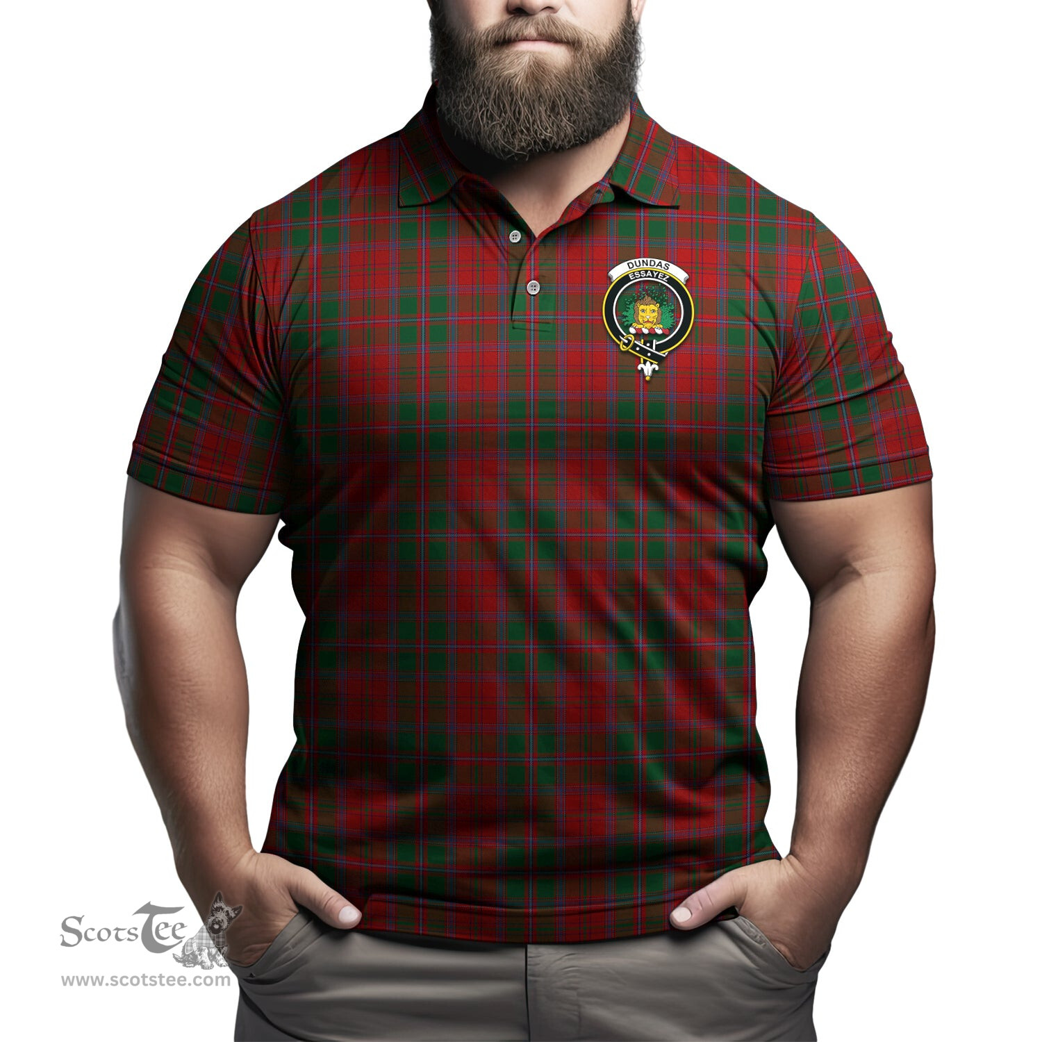 Scottish Dundas Red Tartan Mens Polo Shirt with Family Crest Scottish Polo Shirt Scottish Plaid Tartan Plaid - ScotsTee - scotstee.com