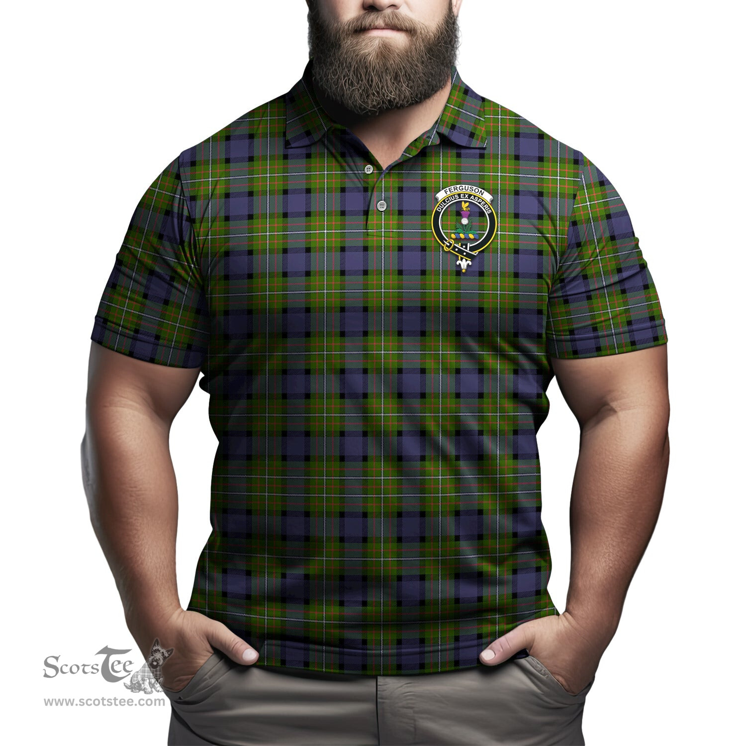 Scottish Ferguson Modern Tartan Mens Polo Shirt with Family Crest Scottish Polo Shirt Scottish Plaid Tartan Plaid - ScotsTee - scotstee.com