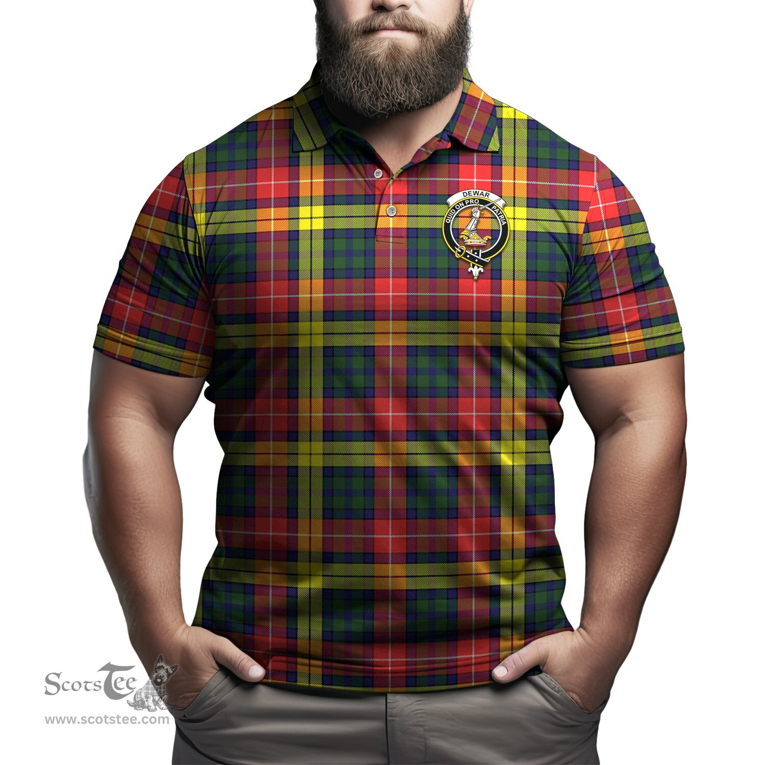 Scottish Dewar Tartan Mens Polo Shirt with Family Crest Scottish Polo Shirt Scottish Plaid Tartan Plaid - ScotsTee - scotstee.com