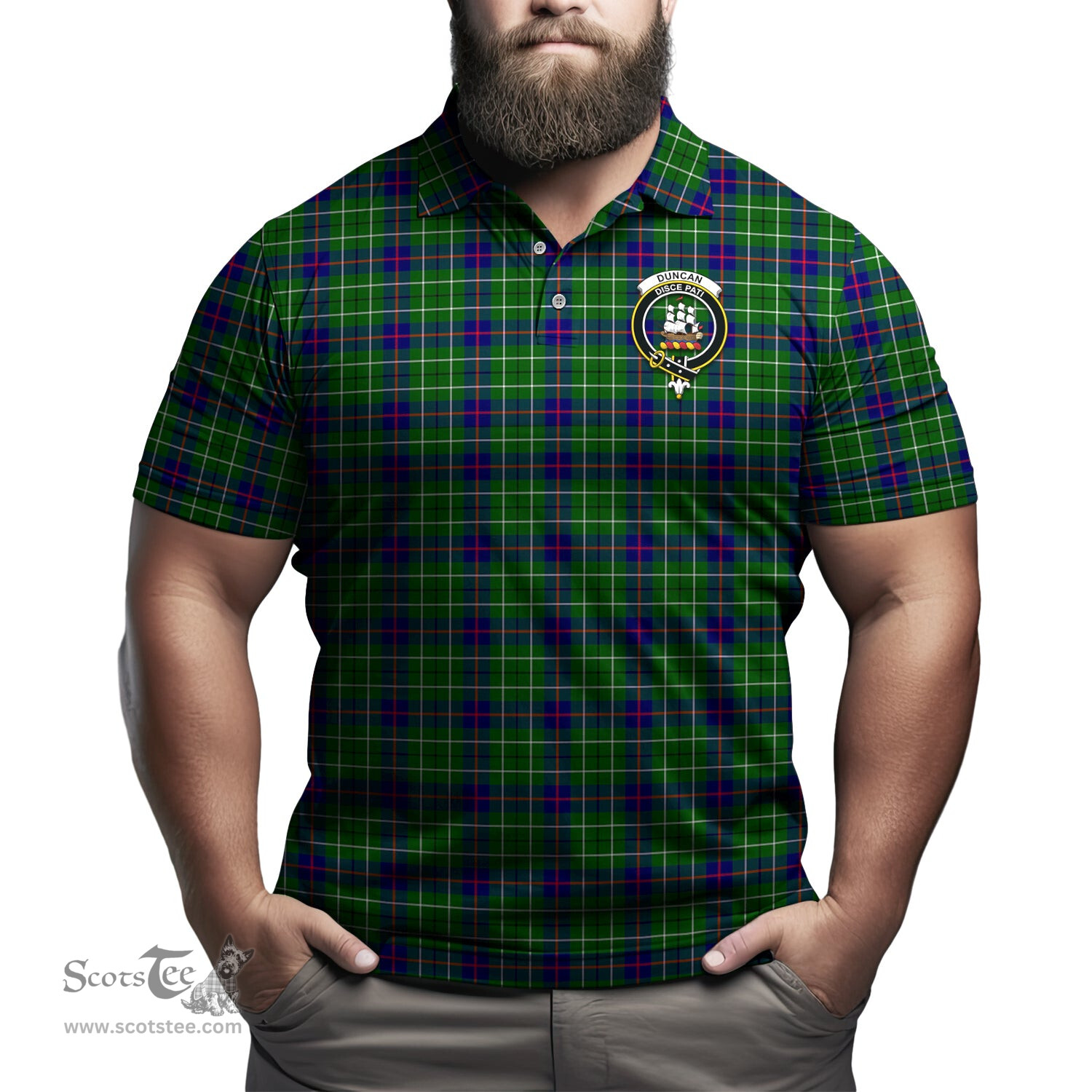 Scottish Duncan Modern Tartan Mens Polo Shirt with Family Crest Scottish Polo Shirt Scottish Plaid Tartan Plaid - ScotsTee - scotstee.com