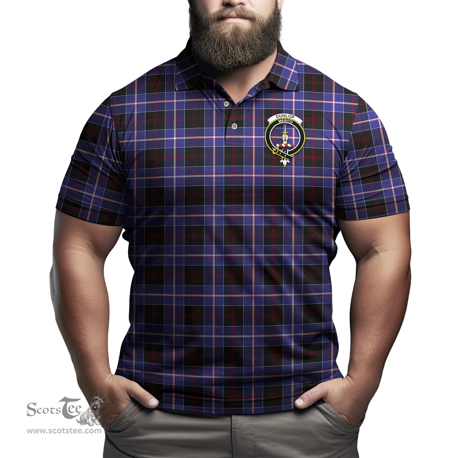 Scottish Dunlop Modern Tartan Mens Polo Shirt with Family Crest Scottish Polo Shirt Scottish Plaid Tartan Plaid - ScotsTee - scotstee.com