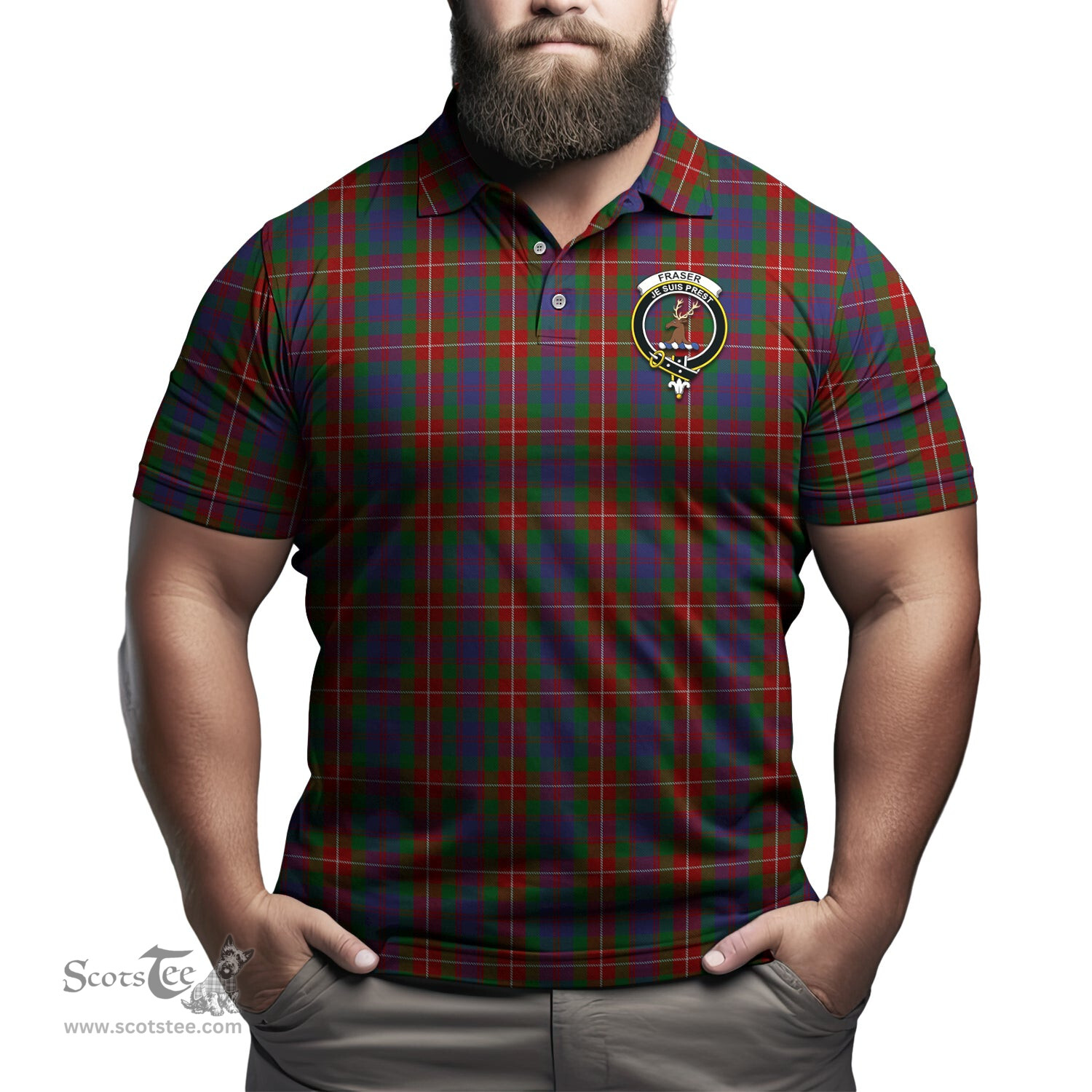 Scottish Fraser of Lovat Tartan Mens Polo Shirt with Family Crest Scottish Polo Shirt Scottish Plaid Tartan Plaid - ScotsTee - scotstee.com