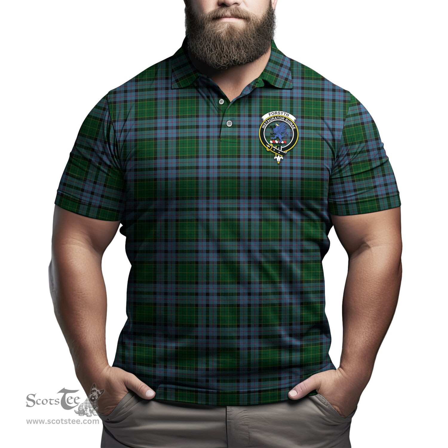 Scottish Forsyth Tartan Mens Polo Shirt with Family Crest Scottish Polo Shirt Scottish Plaid Tartan Plaid - ScotsTee - scotstee.com