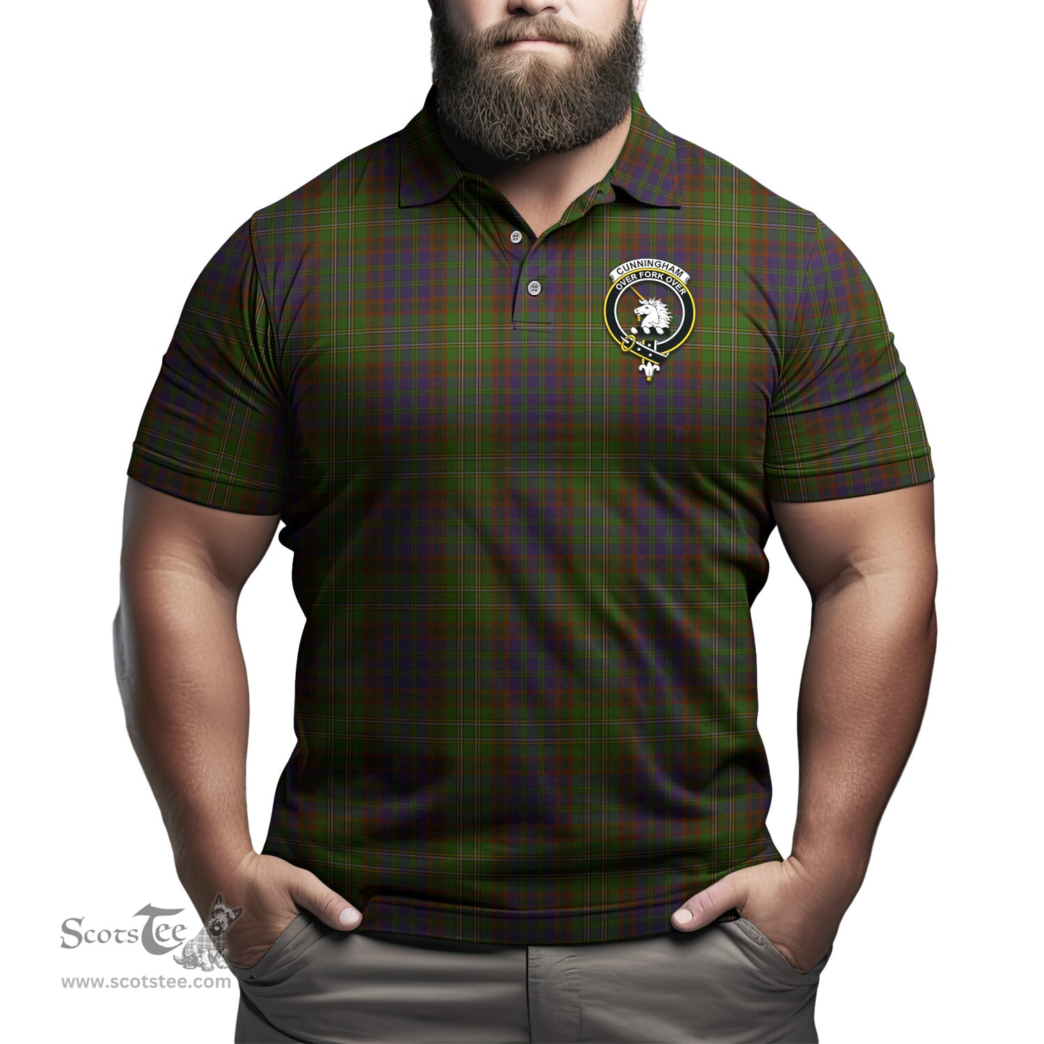 Scottish Cunningham Hunting Modern Tartan Mens Polo Shirt with Family Crest Scottish Polo Shirt Scottish Plaid Tartan Plaid - ScotsTee - scotstee.com