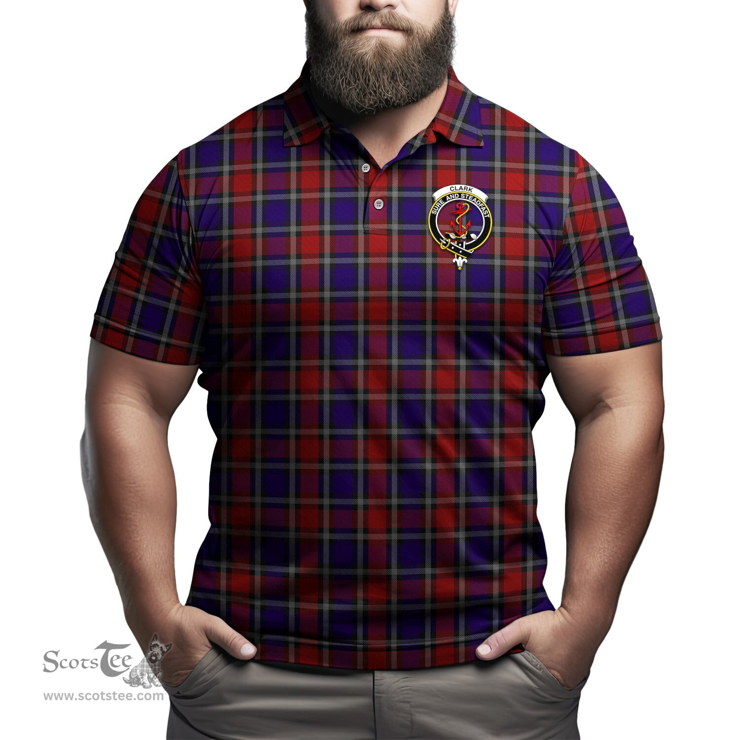 Scottish Clark Red Tartan Mens Polo Shirt with Family Crest Scottish Polo Shirt Scottish Plaid Tartan Plaid - ScotsTee - scotstee.com