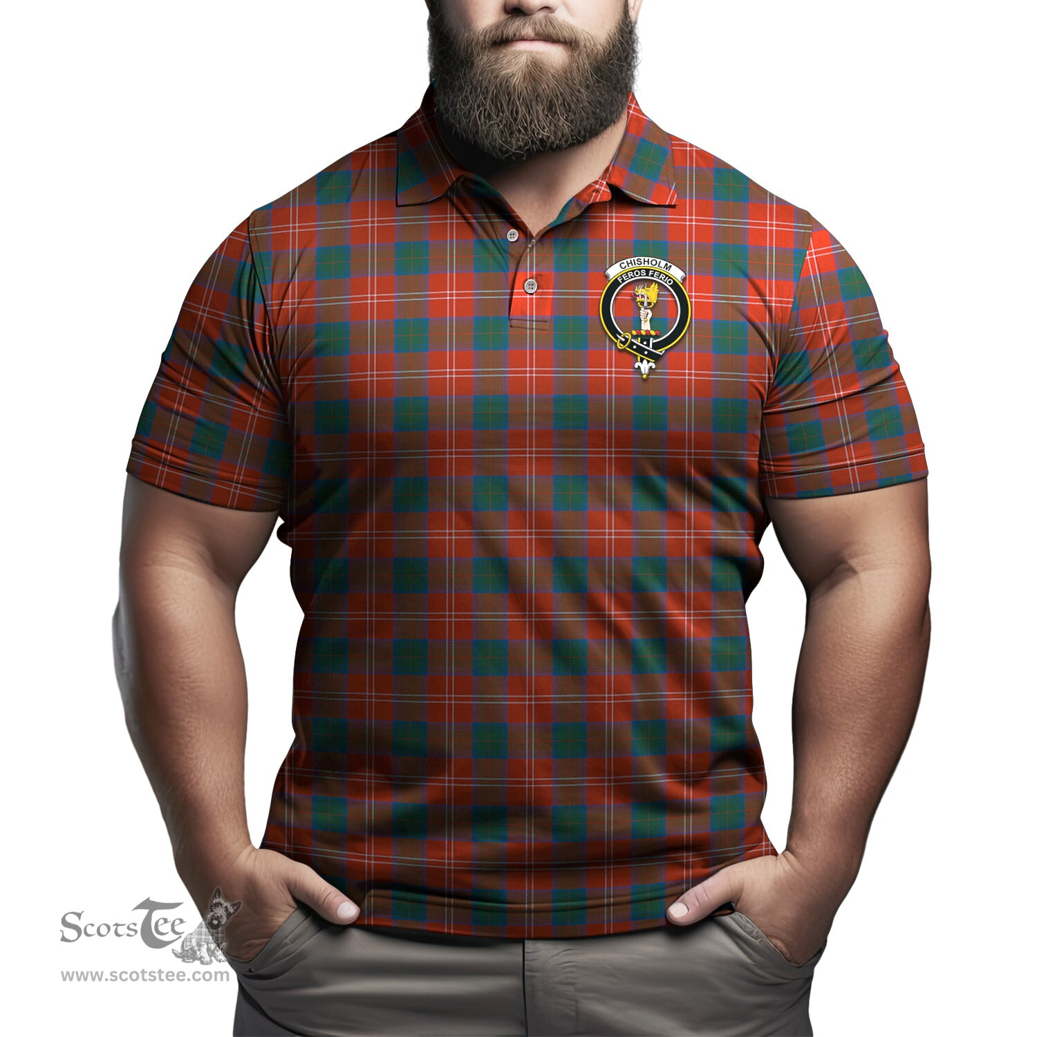 Scottish Chisholm Ancient Tartan Mens Polo Shirt with Family Crest Scottish Polo Shirt Scottish Plaid Tartan Plaid - ScotsTee - scotstee.com